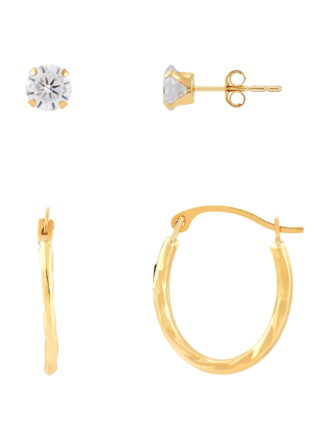 Brilliance Fine Jewelry Cubic Zirconia Studs and Oval Hollow Hoops Set in 10K Yellow Gold