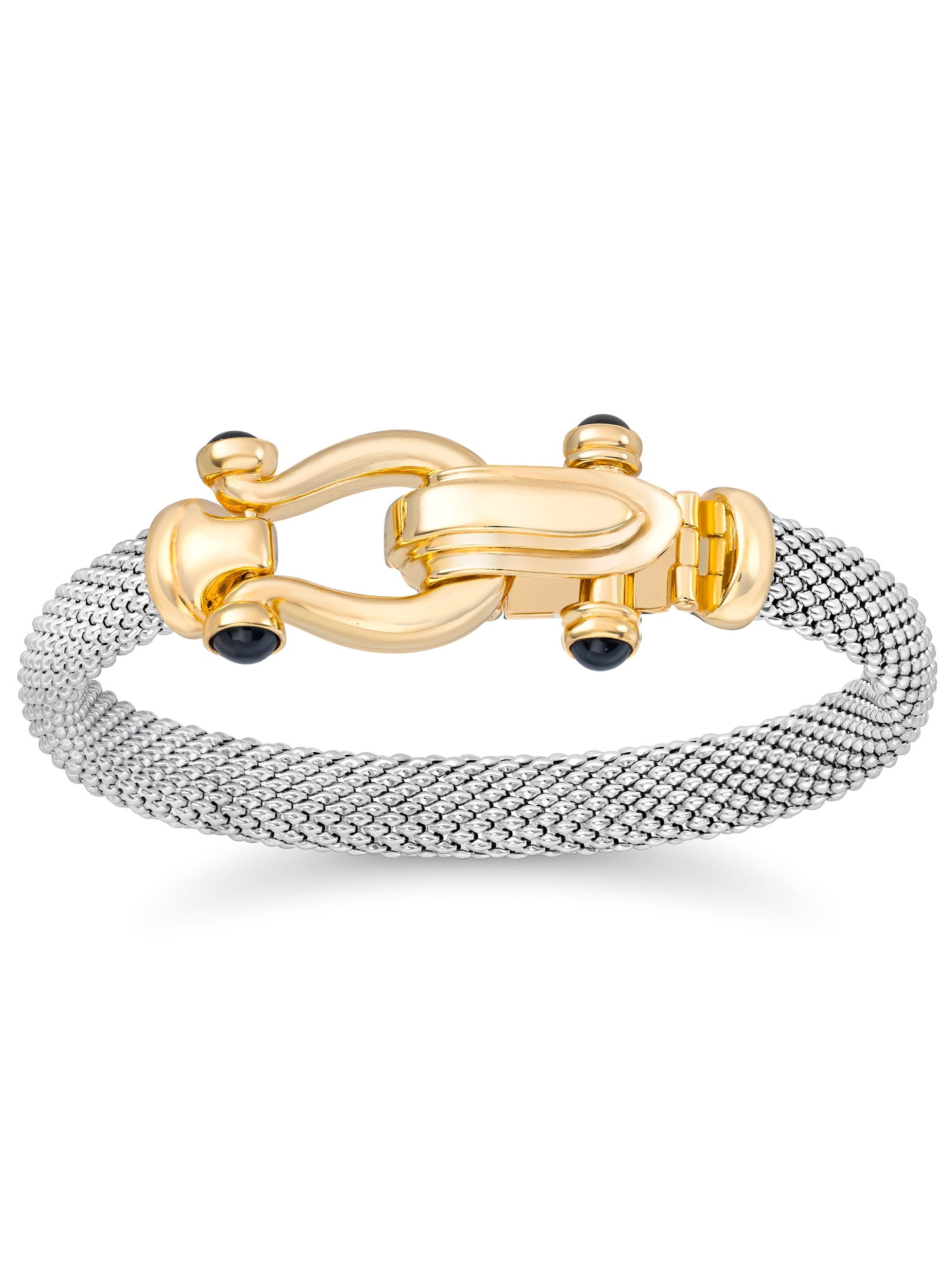 Brilliance Fine Jewelry Italian Sterling Silver 14K Gold Flash-Plated Mesh Bangle Black Spinel Dewdrop Horseshoe Clasp - Image 3