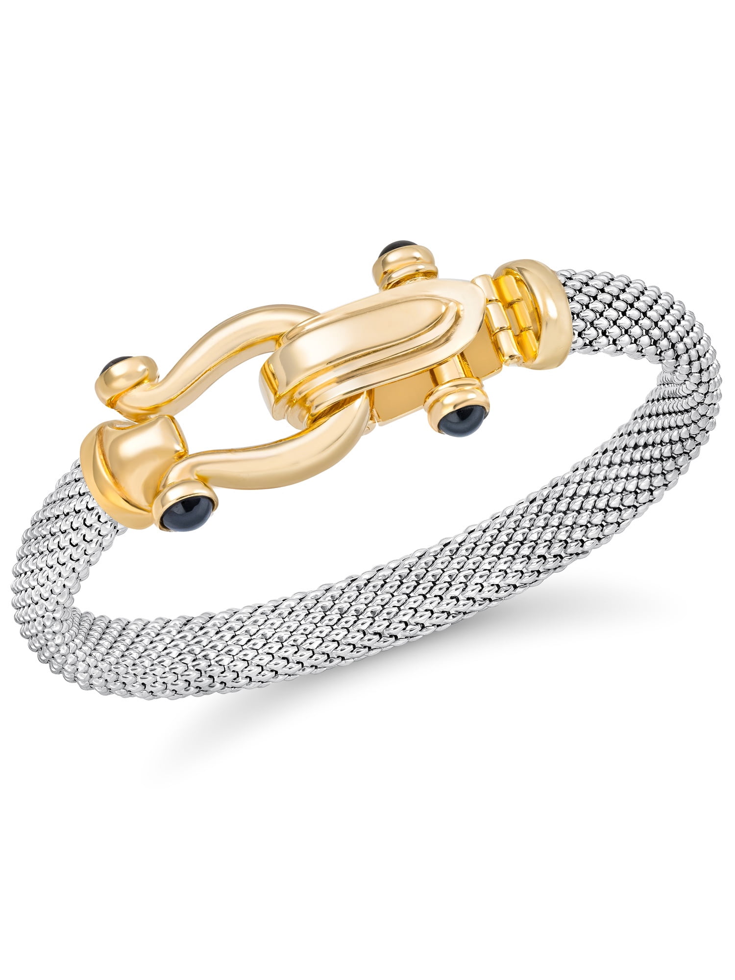 Brilliance Fine Jewelry Italian Sterling Silver 14K Gold Flash-Plated Mesh Bangle Black Spinel Dewdrop Horseshoe Clasp