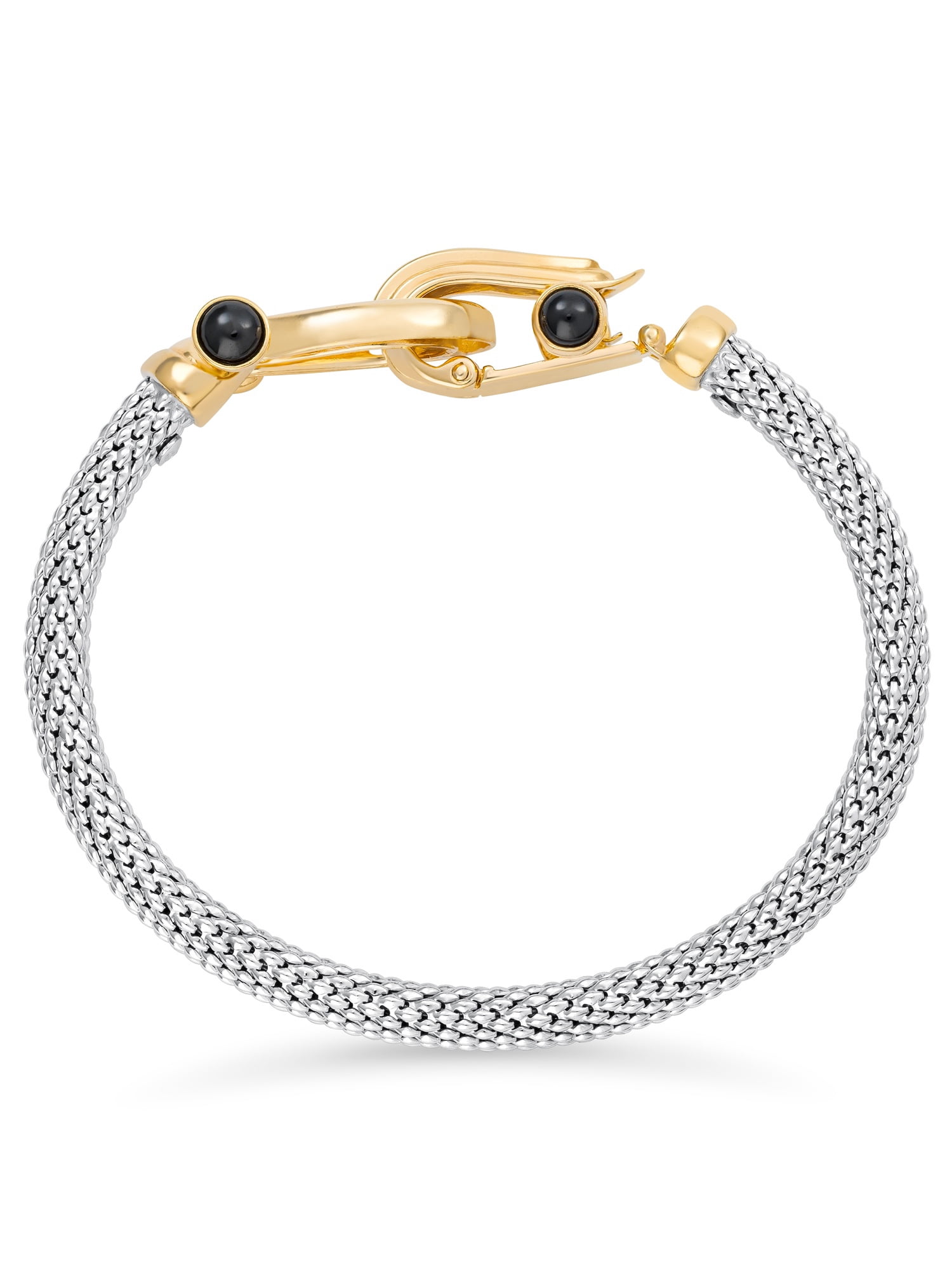 Brilliance Fine Jewelry Italian Sterling Silver 14K Gold Flash-Plated Mesh Bangle Black Spinel Dewdrop Horseshoe Clasp - Image 2