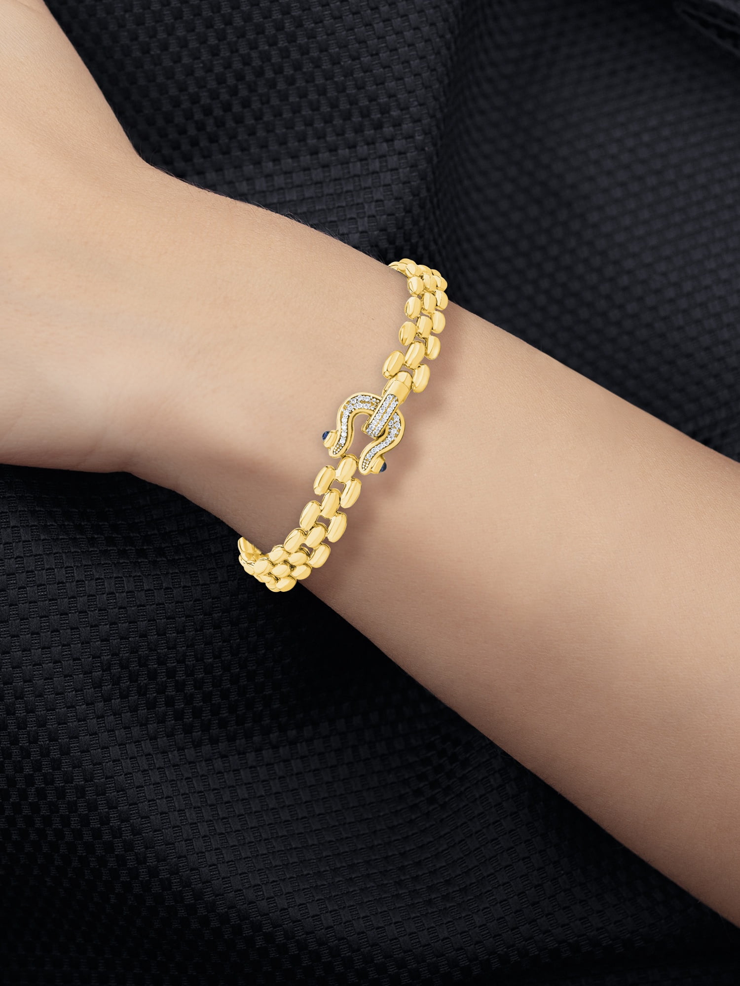 Brilliance Fine Jewelry Italian Sterling Silver 14K Gold Flash-Plated Panther CZ Bracelet Black Spinel Horseshoe Clasp - Image 3