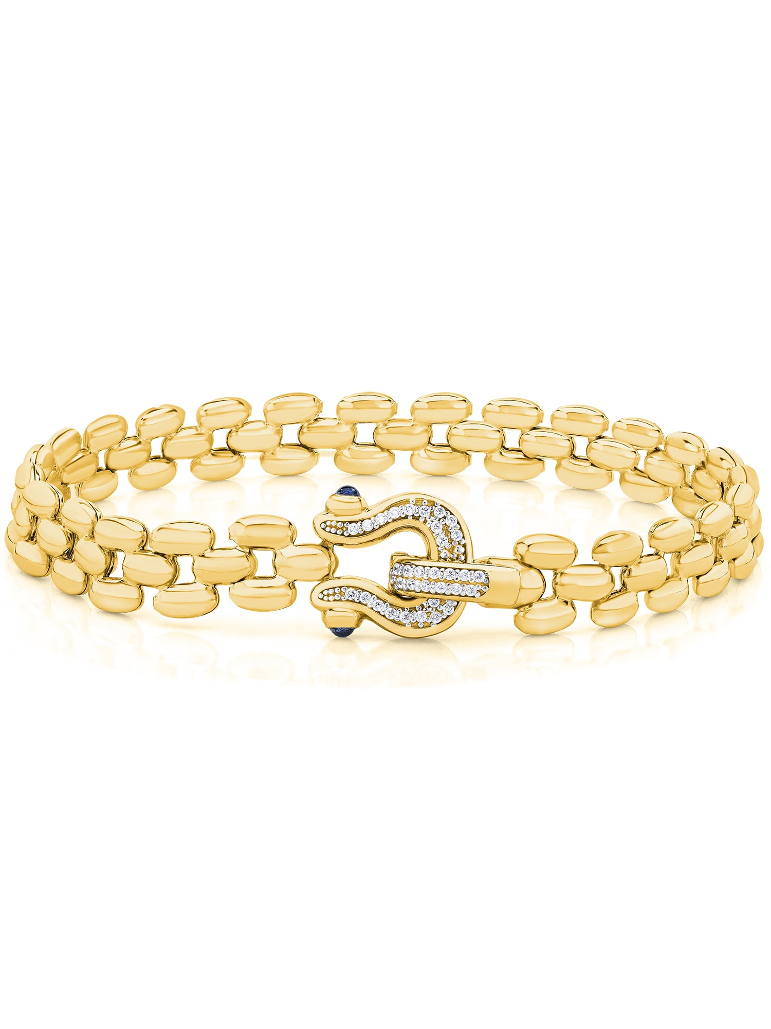 Brilliance Fine Jewelry Italian Sterling Silver 14K Gold Flash-Plated Panther CZ Bracelet Black Spinel Horseshoe Clasp