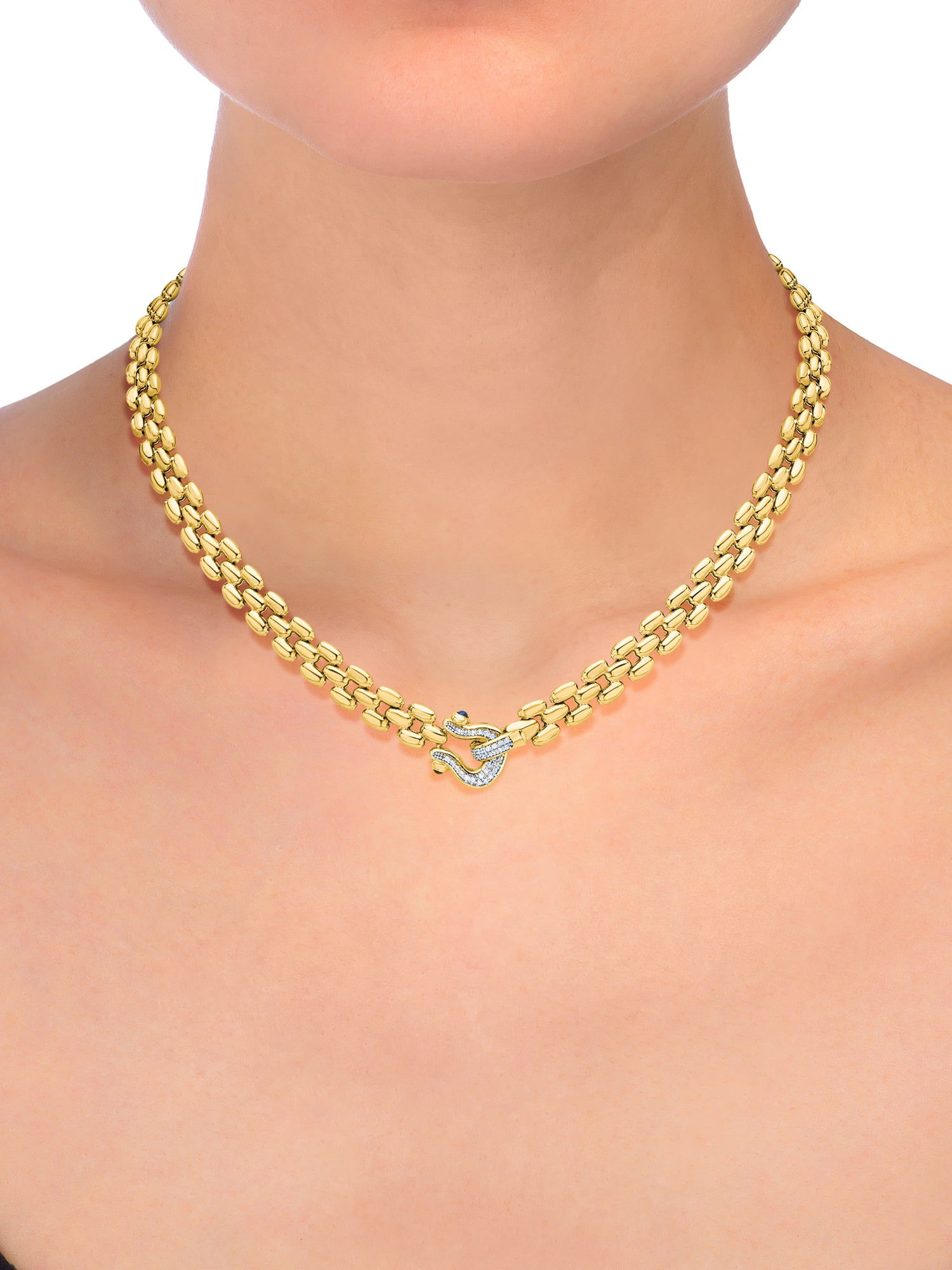 Brilliance Fine Jewelry Italian Sterling Silver 14K Gold Flash-Plated Panther CZ Necklace Black Spinel Horseshoe Clasp - Image 5