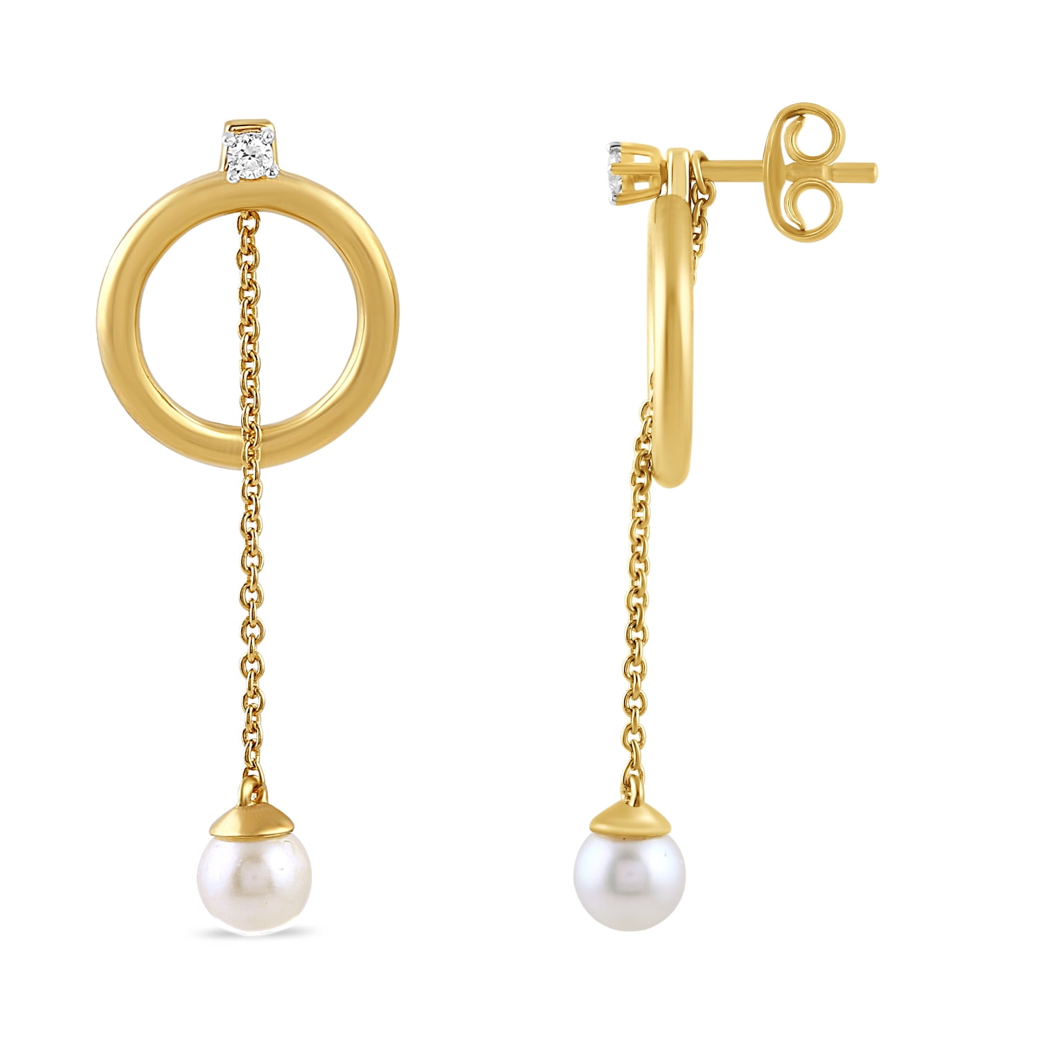 Brilliance Fine Jewelry Lab-Grown Diamond and Pearl Drop Earrings in Yellow Gold-Plated Silver - Image 3