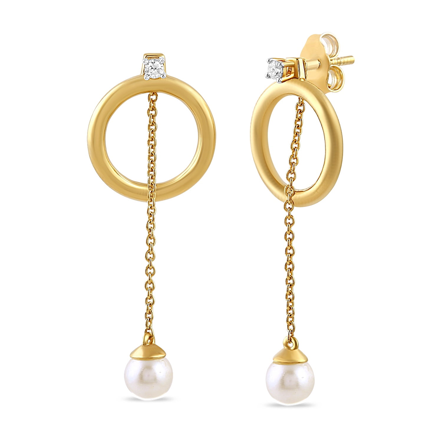 Brilliance Fine Jewelry Lab-Grown Diamond and Pearl Drop Earrings in Yellow Gold-Plated Silver - Image 4