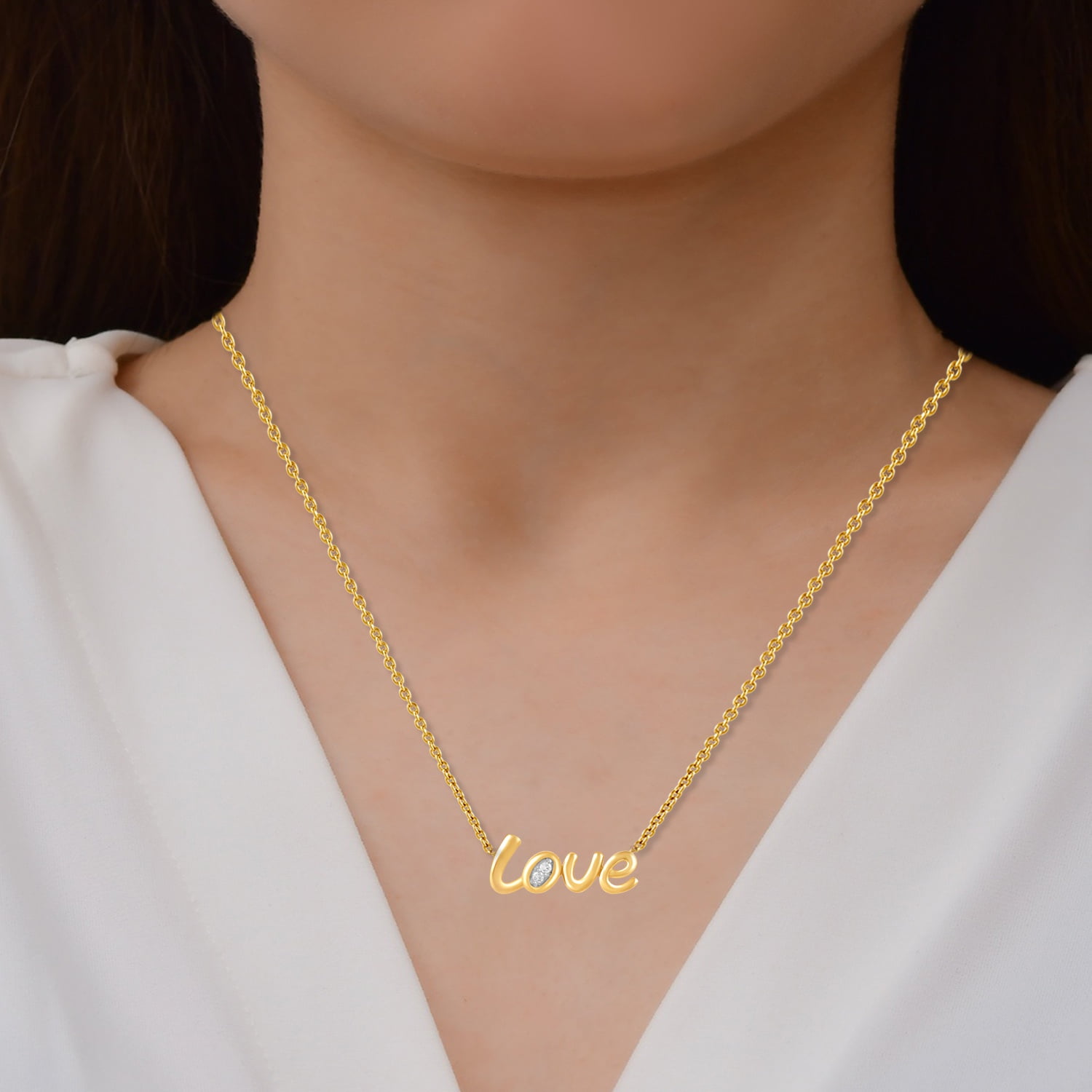 Brilliance Fine Jewelry Lab-Grown Diamond "Love" Pendant Necklace in Yellow Gold-Plated Silver - Image 2