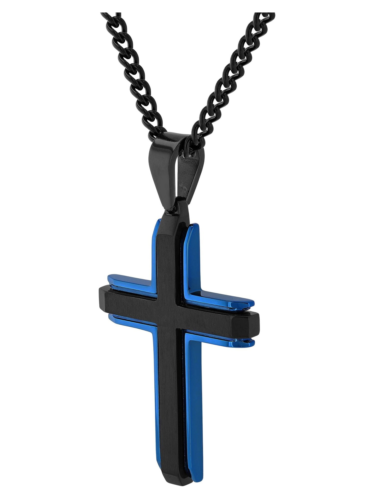 Brilliance Fine Jewelry Men's Black and Blue Stainless Steel Cross Pendant Necklace - Image 2