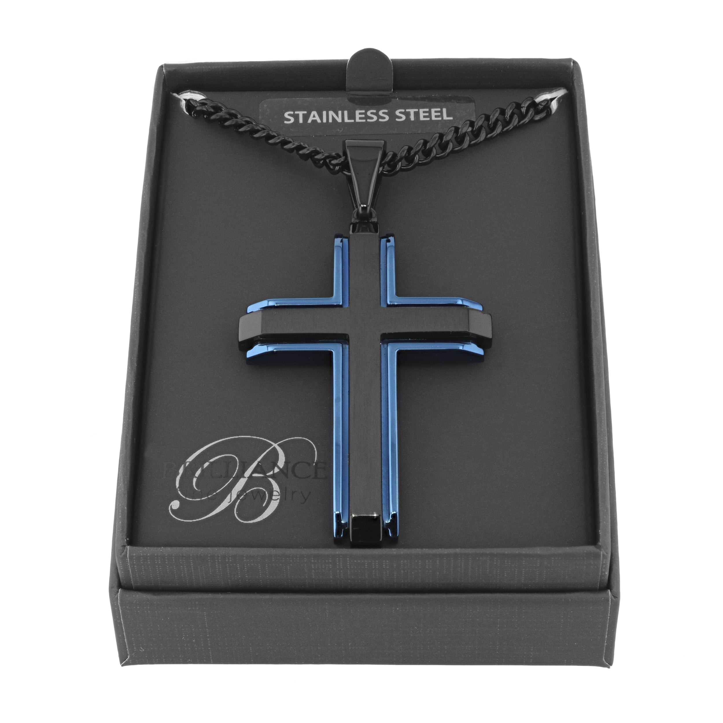 Brilliance Fine Jewelry Men's Black and Blue Stainless Steel Cross Pendant Necklace - Image 4