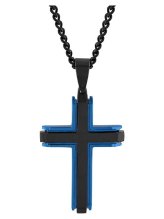Brilliance Fine Jewelry Men's Black and Blue Stainless Steel Cross Pendant Necklace
