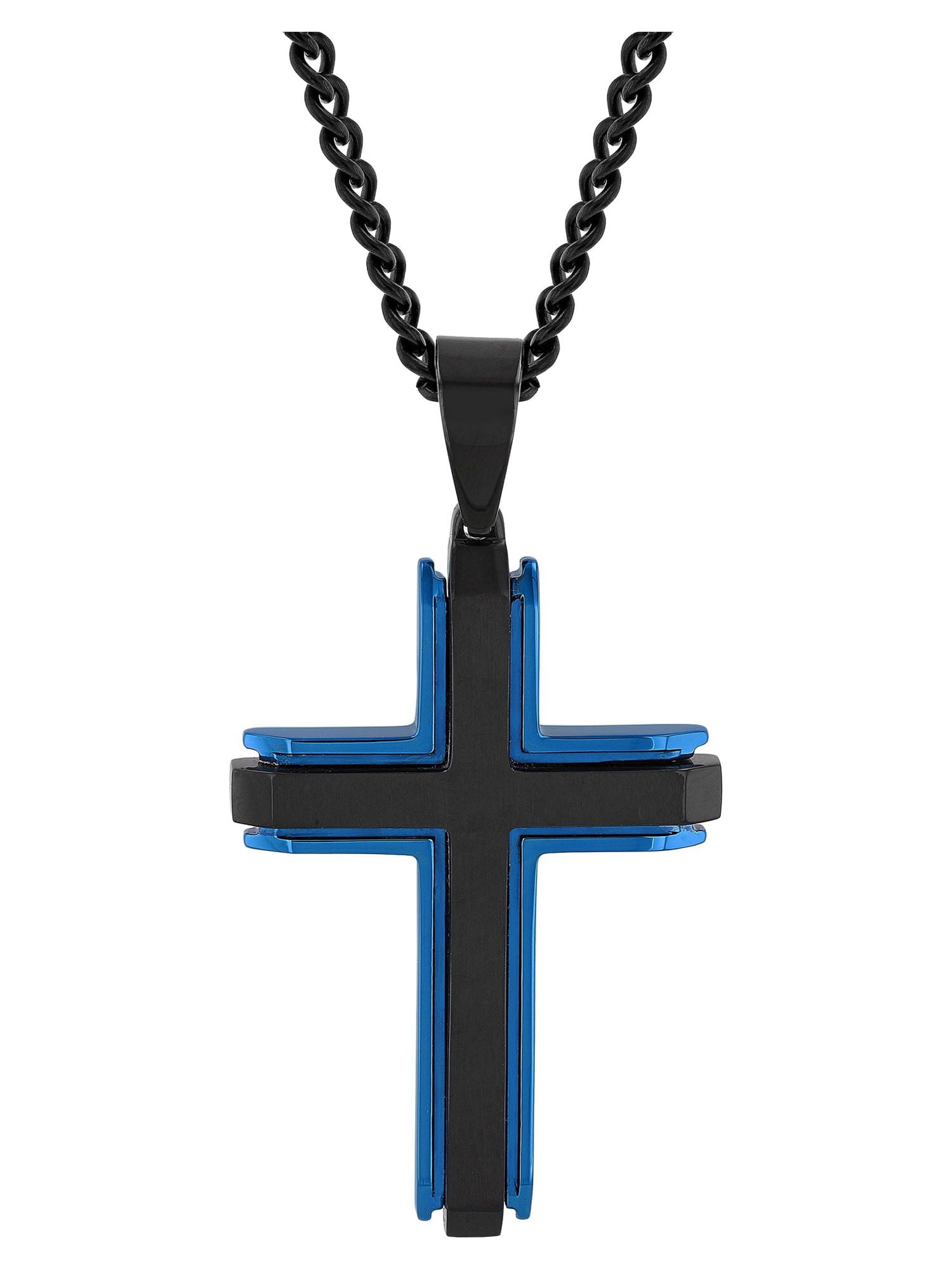 Brilliance Fine Jewelry Men's Black and Blue Stainless Steel Cross Pendant Necklace