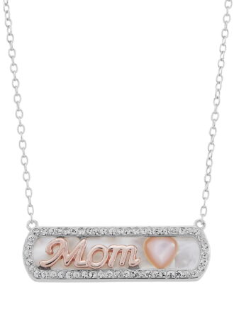 Brilliance Fine Jewelry Mother of Pearl Bar,Crystal,Heart,Mom Necklace in Sterling Silver and 14KT Rose Plate, 18"
