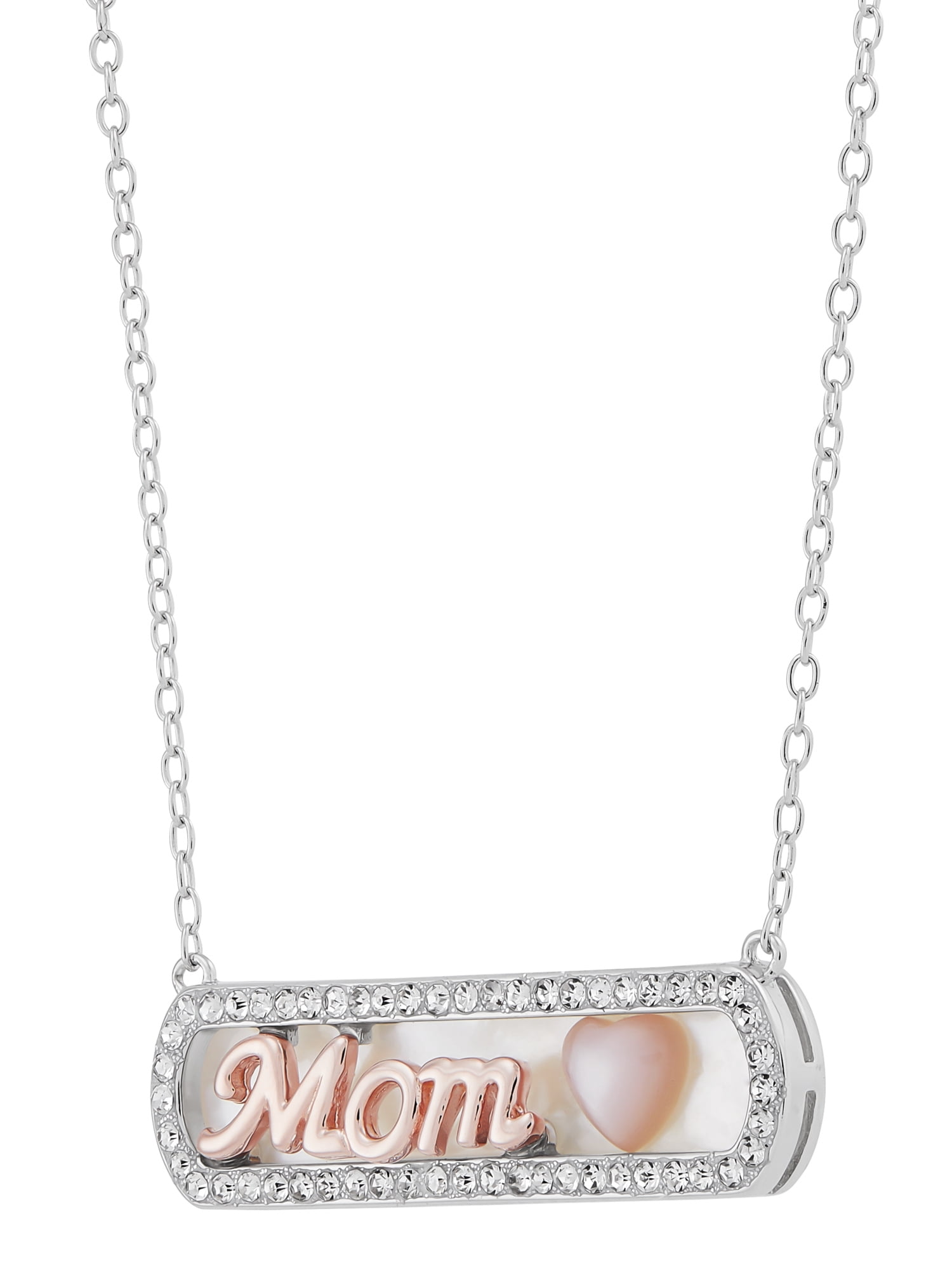 Brilliance Fine Jewelry Mother of Pearl Bar,Crystal,Heart,Mom Necklace in Sterling Silver and 14KT Rose Plate, 18" - Image 2