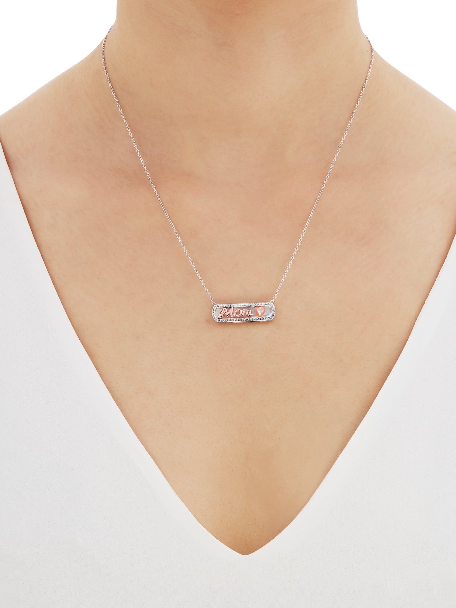Brilliance Fine Jewelry Mother of Pearl Bar,Crystal,Heart,Mom Necklace in Sterling Silver and 14KT Rose Plate, 18" - Image 4