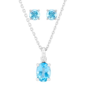 Brilliance Fine Jewelry Oval Blue Topaz Pendant and Round Stud Earrings Set in Sterling Silver