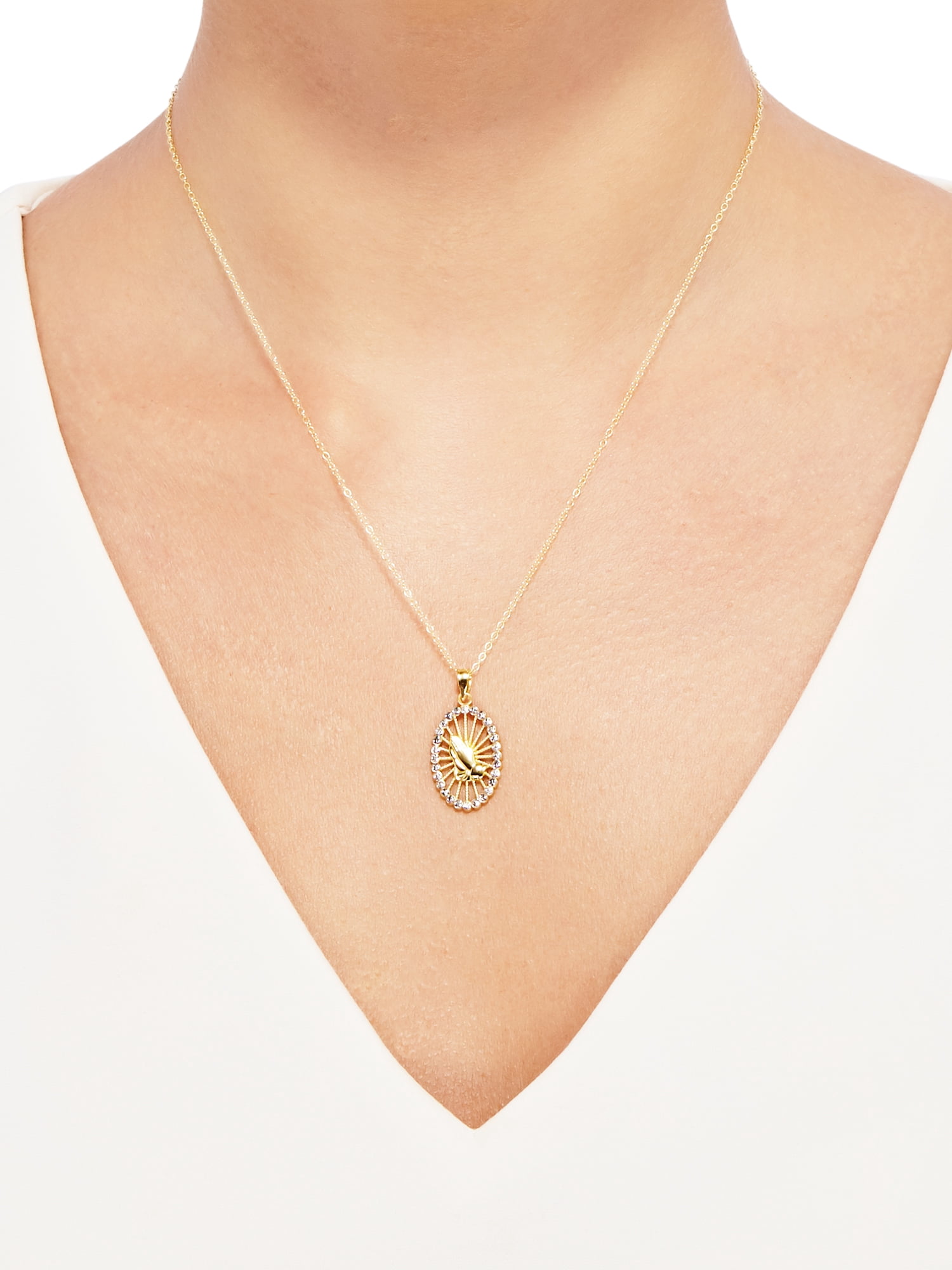 Brilliance Fine Jewelry Praying Hands 18K Gold Over Sterling Silver Oval Pendant With Crystals, 18" Necklace - Image 3