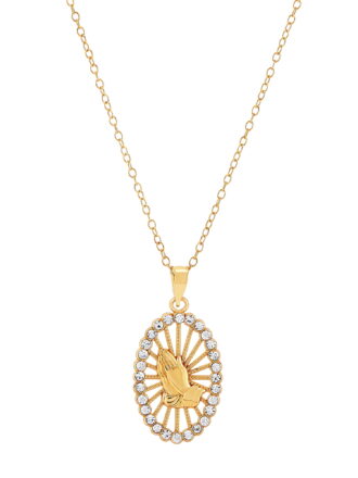 Brilliance Fine Jewelry Praying Hands 18K Gold Over Sterling Silver Oval Pendant With Crystals, 18" Necklace