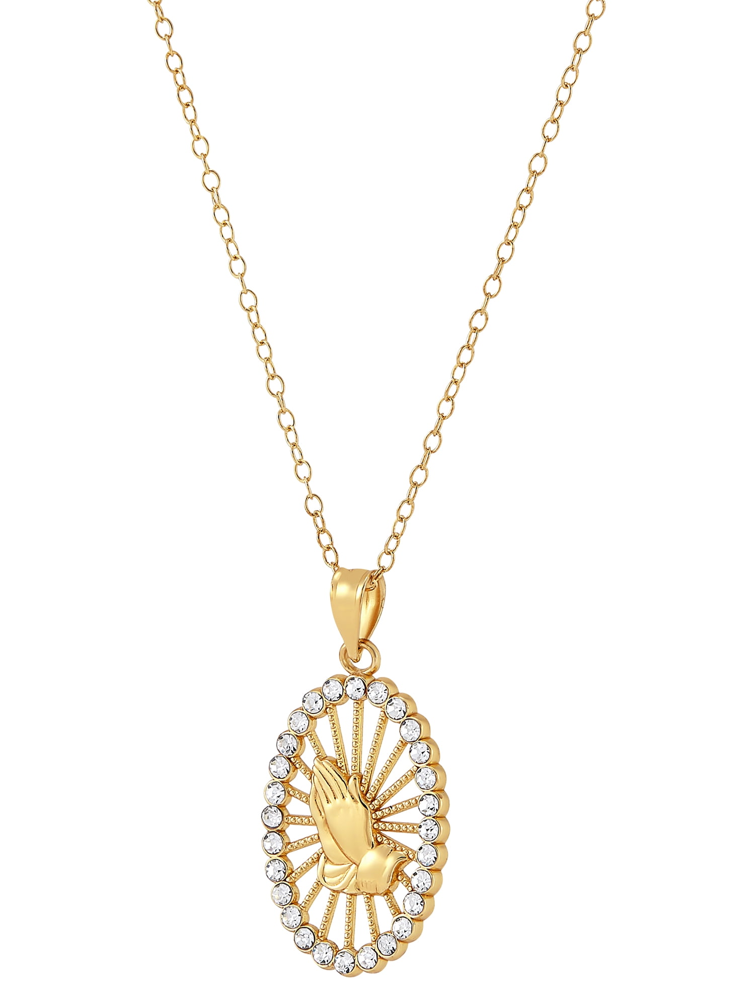 Brilliance Fine Jewelry Praying Hands 18K Gold Over Sterling Silver Oval Pendant With Crystals, 18" Necklace - Image 2