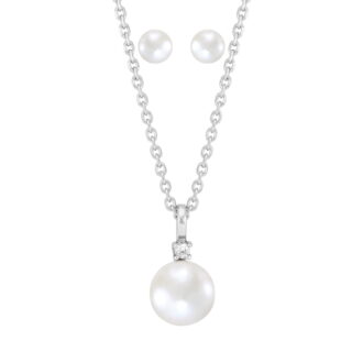 Brilliance Fine Jewelry Round Freshwater Pearl Pendant and Round Stud Earrings Set in Sterling Silver