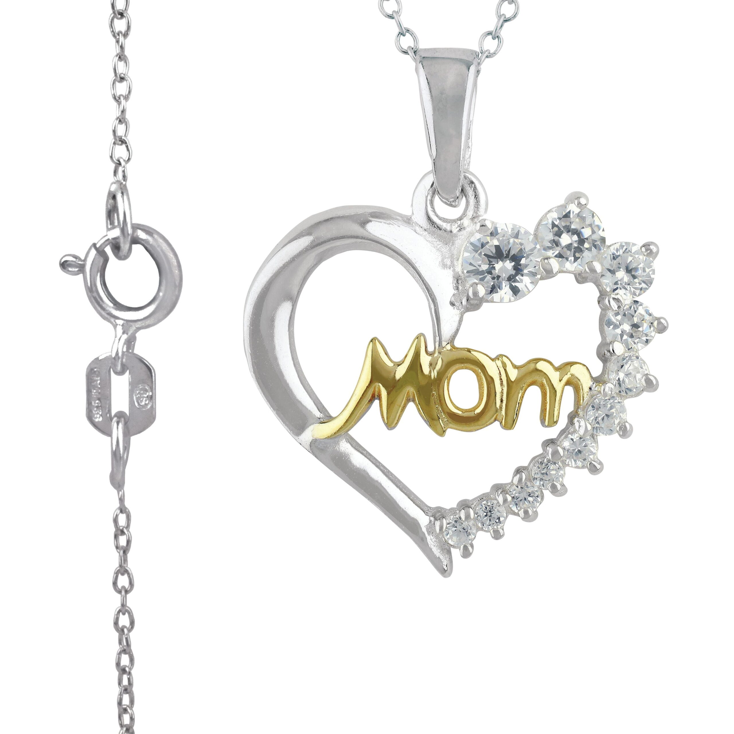 Brilliance Fine Jewelry Simulated Diamond Mom Heart Necklace in Two Tone Sterling Silver with 14KT Gold Flash Plate - Image 4