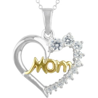 Brilliance Fine Jewelry Simulated Diamond Mom Heart Necklace in Two Tone Sterling Silver with 14KT Gold Flash Plate