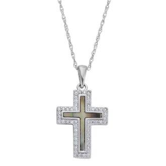 Brilliance Fine Jewelry Simulated Diamonds & Mother of Pearl Cross Pendant in Sterling Silver