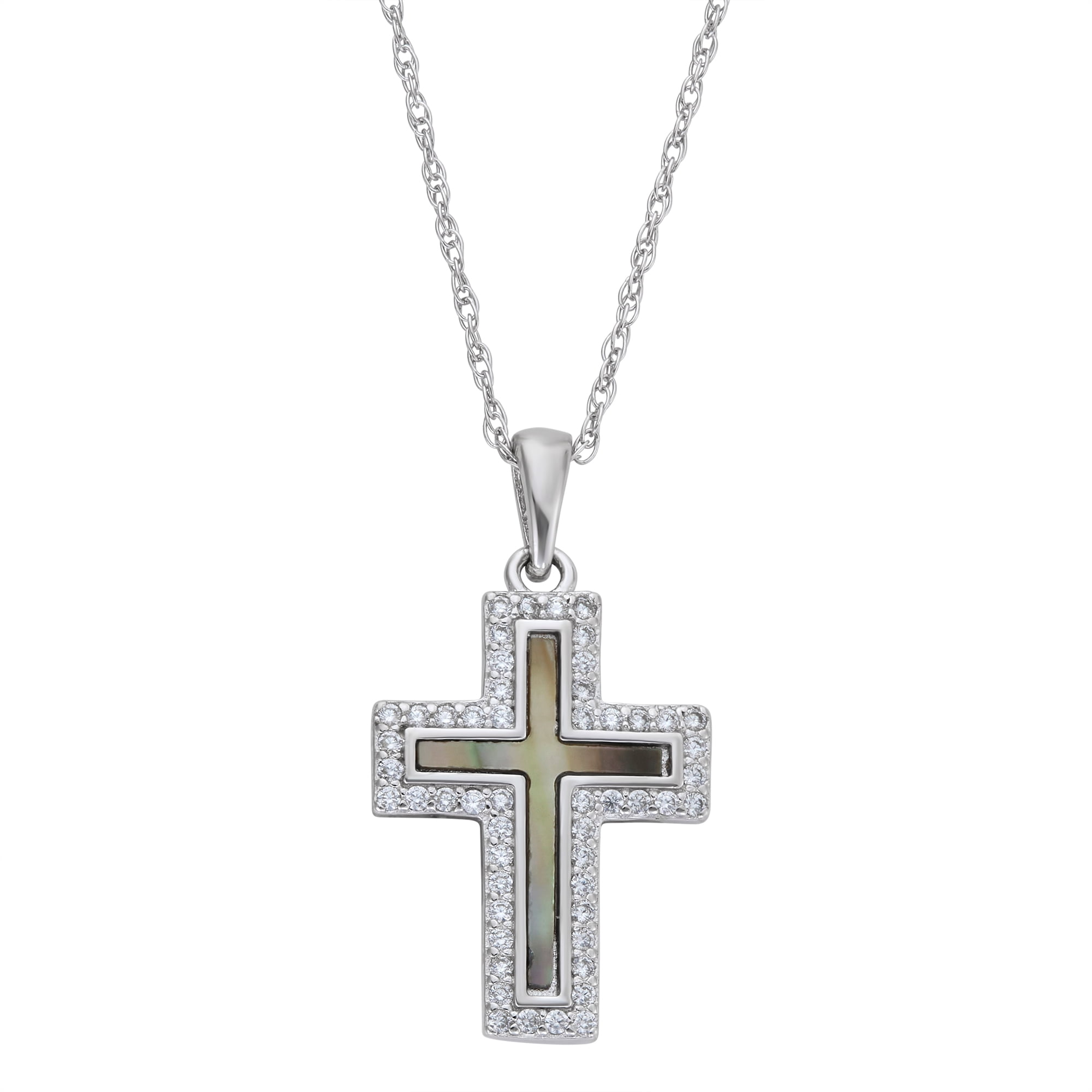 Brilliance Fine Jewelry Simulated Diamonds & Mother of Pearl Cross Pendant in Sterling Silver