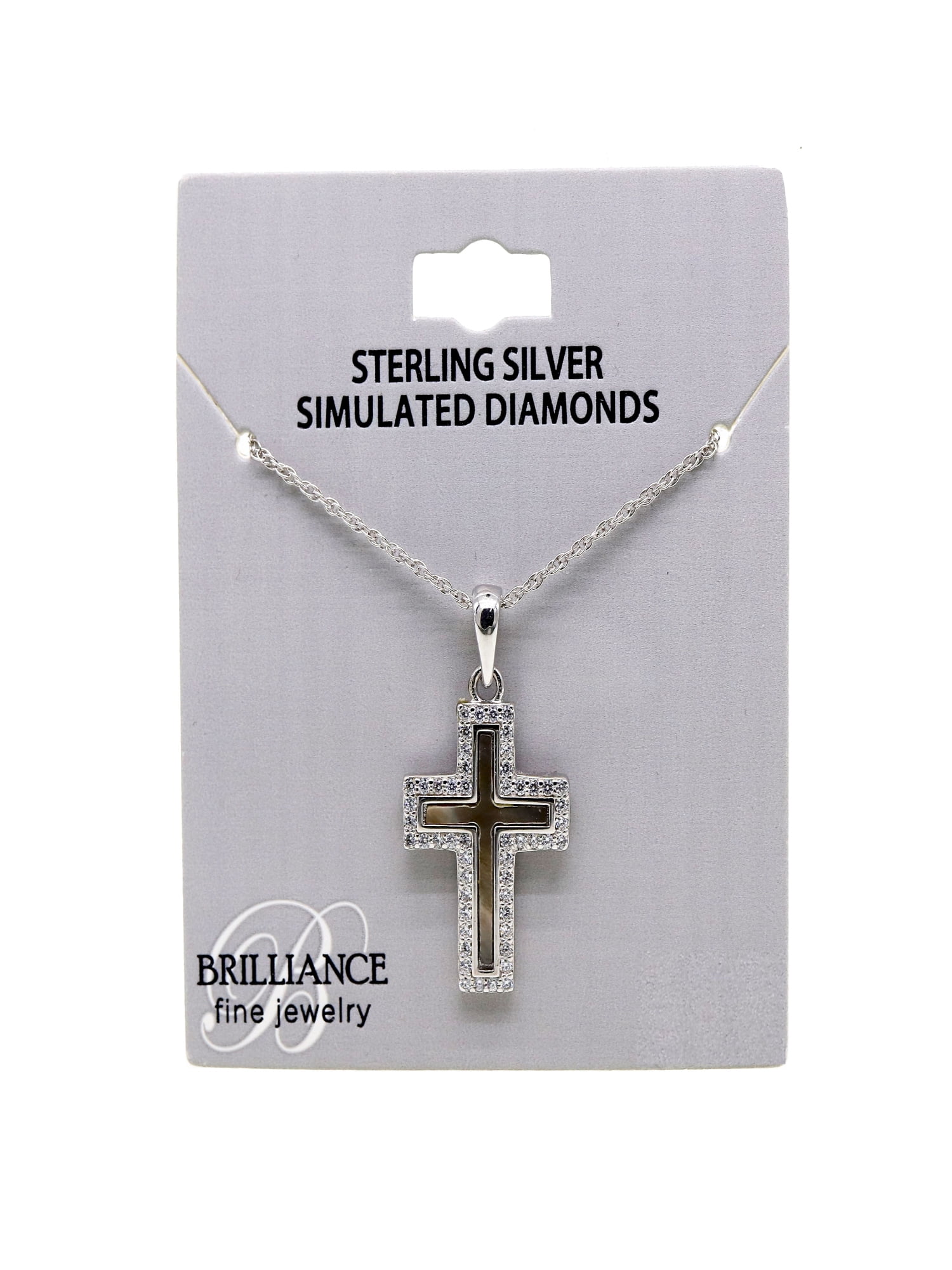 Brilliance Fine Jewelry Simulated Diamonds & Mother of Pearl Cross Pendant in Sterling Silver - Image 2