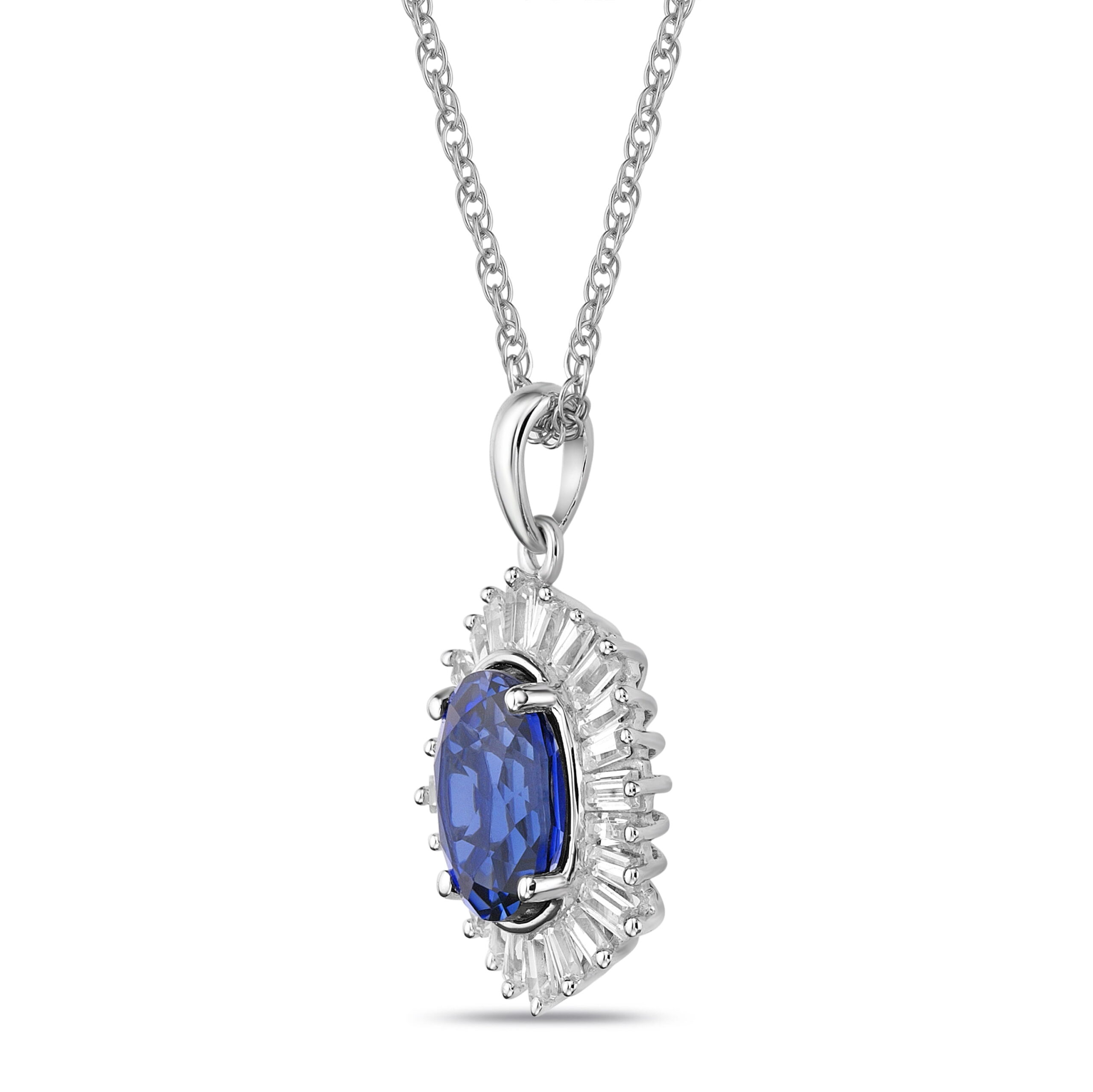 Brilliance Fine Jewelry Sterling Silver Created Oval Blue Sapphire and Halo White CZ Baguette Pendant on an 18" Chain - Image 2