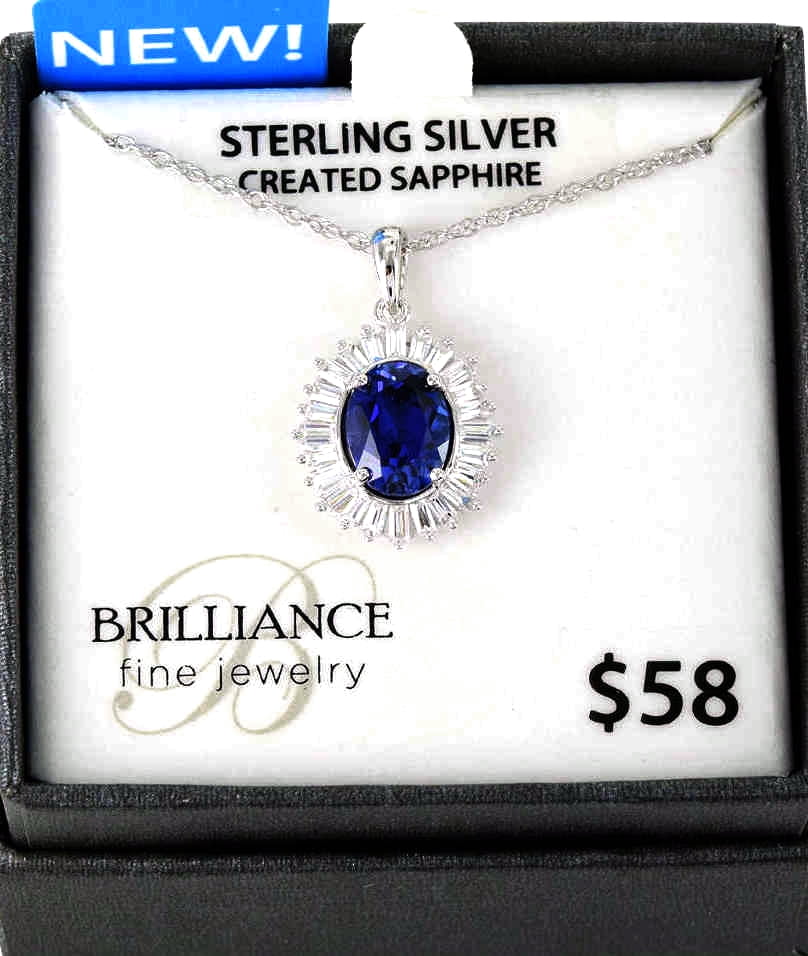 Brilliance Fine Jewelry Sterling Silver Created Oval Blue Sapphire and Halo White CZ Baguette Pendant on an 18" Chain - Image 3