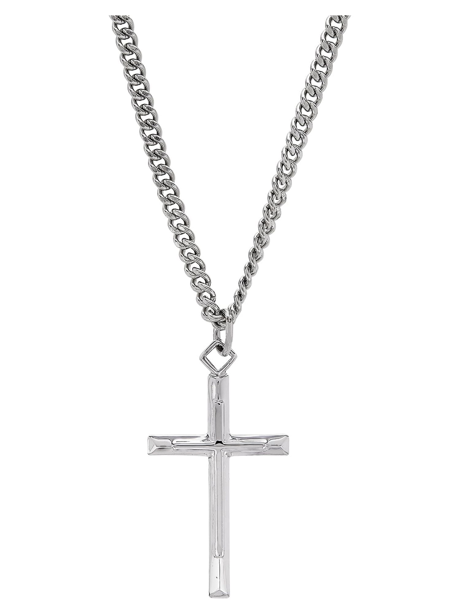 Brilliance Fine Jewelry Sterling Silver Cross on Stainless Steel Necklace, 24"