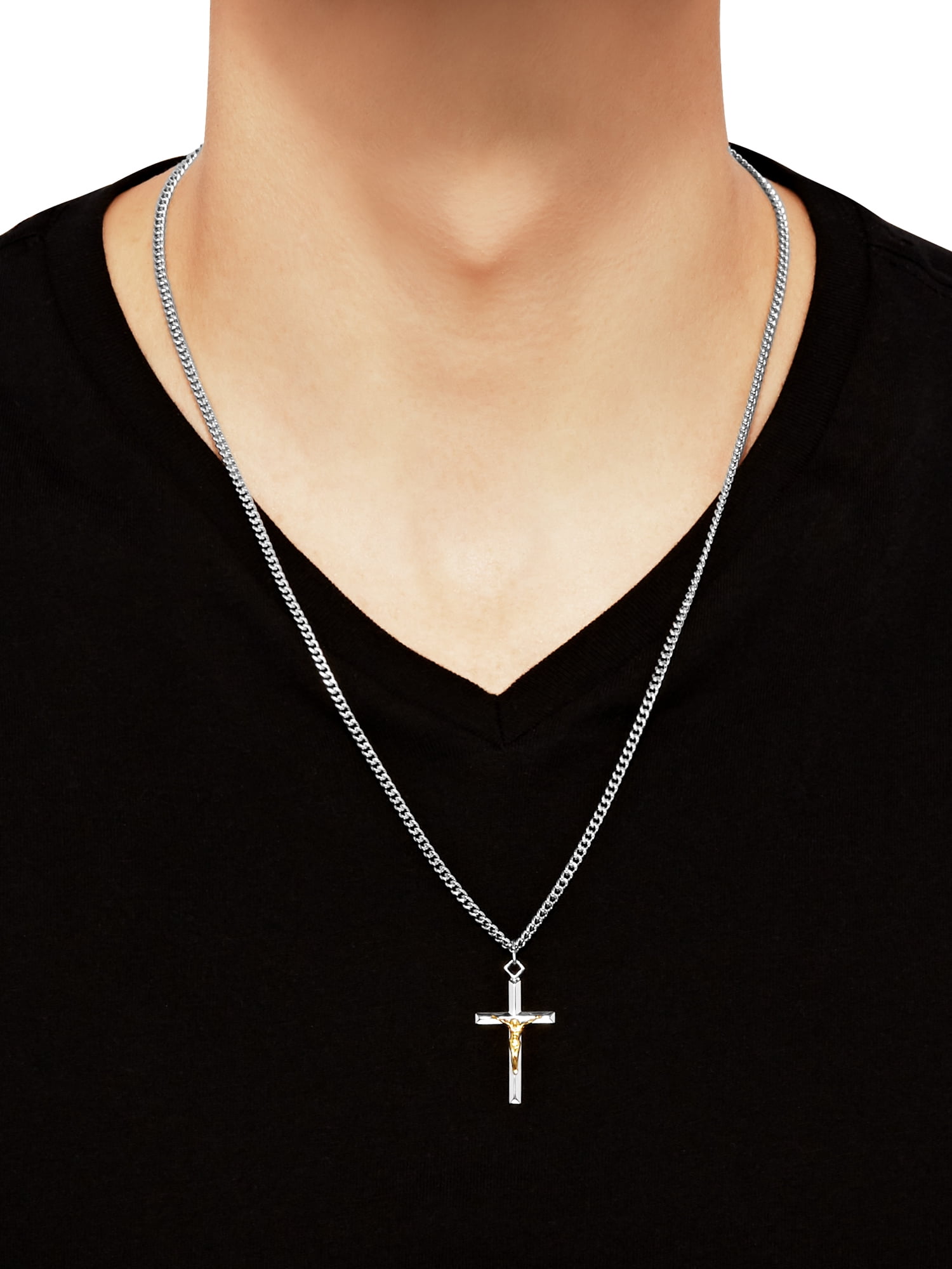 Brilliance Fine Jewelry Sterling Silver Cross on Stainless Steel Necklace, 24" - Image 3