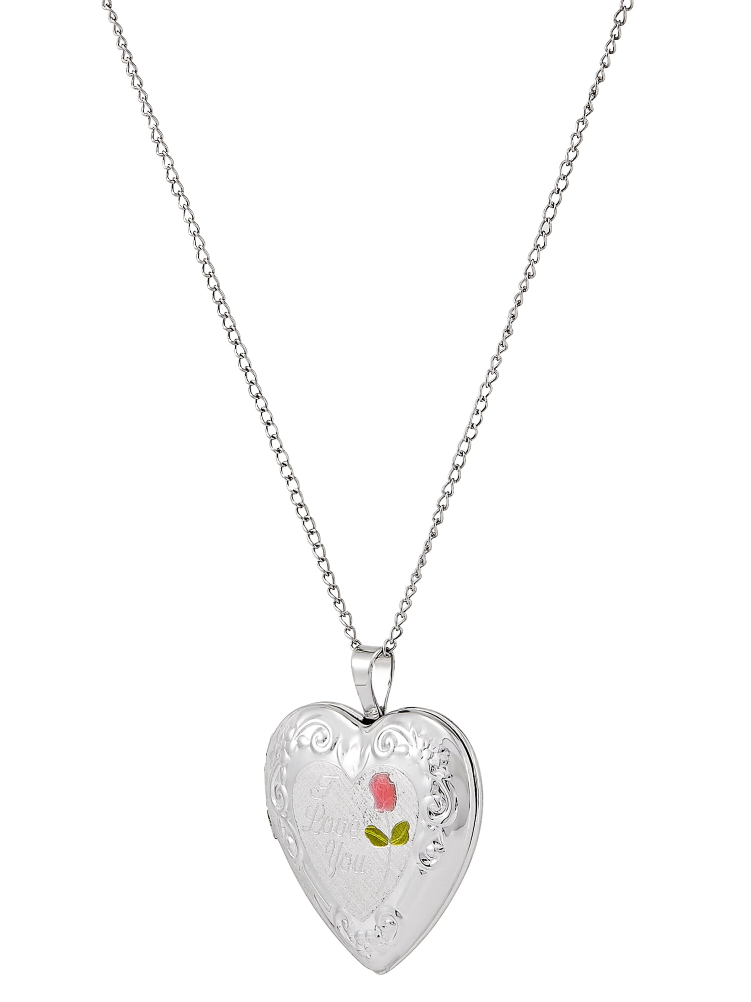Brilliance Fine Jewelry Sterling Silver "I Love You" and Painted Rose Heart Locket Necklace, 18" - Image 2