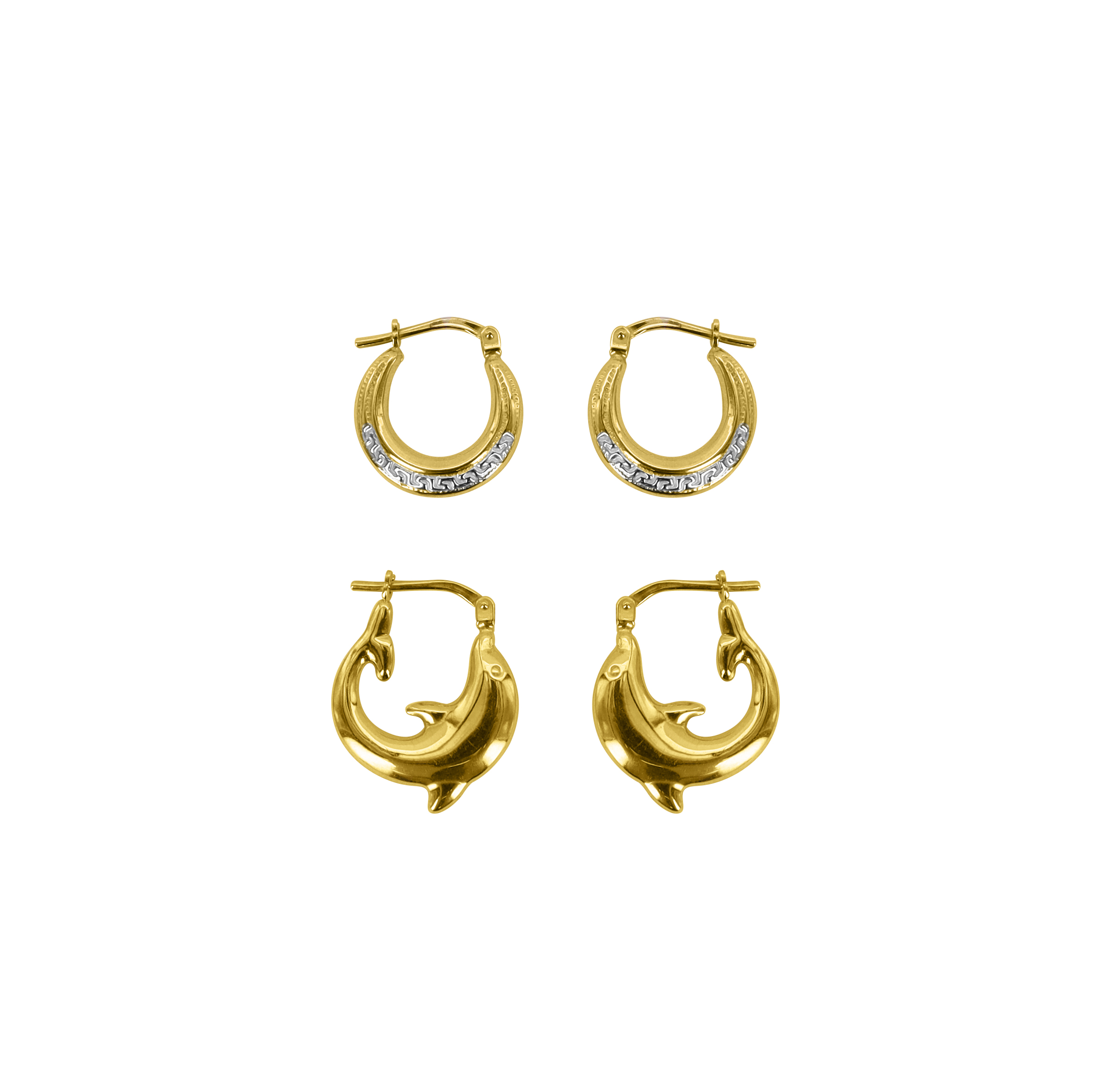 Brilliance Fine Jewelry Women's 14K Gold Plated Sterling Silver Dolphin and Greek Key Hoops Earrings - Image 2