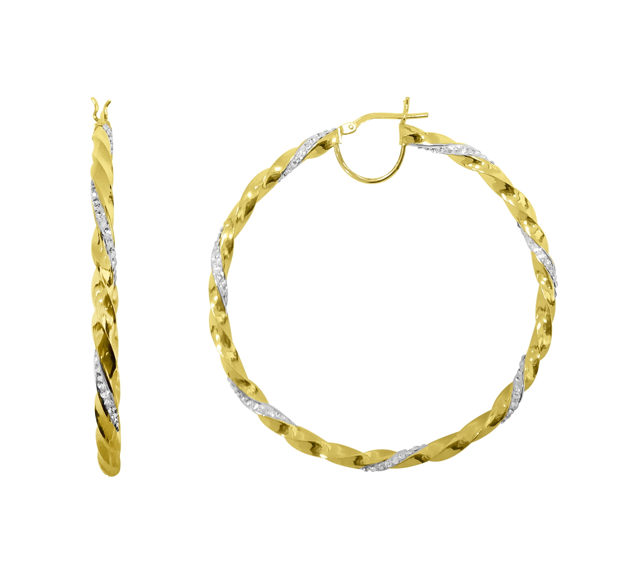 Brilliance Fine Jewelry Women's 14K Gold Plated Sterling Silver Twisted Crystal Round Big Hoop Adults Earring - Image 3