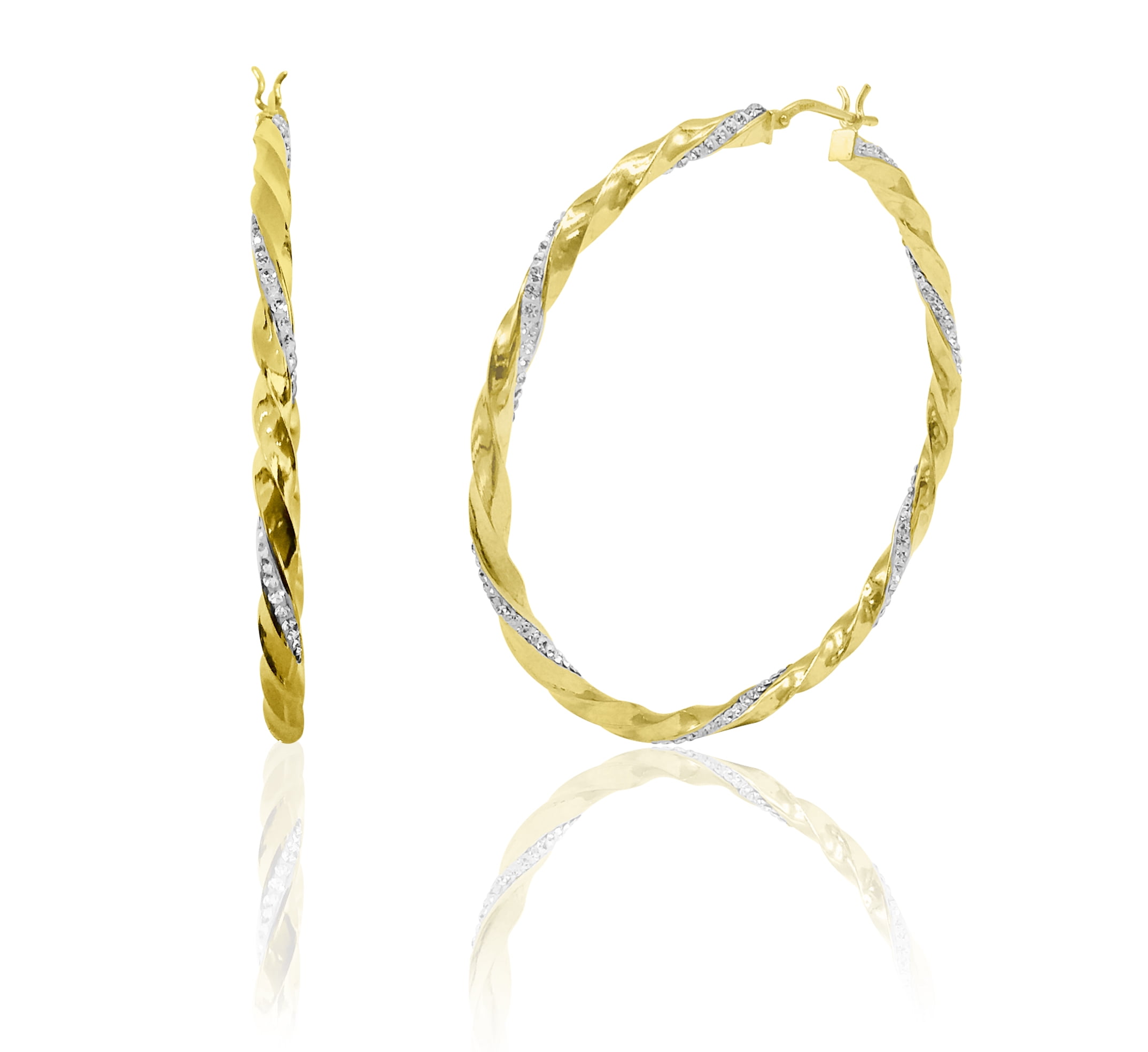Brilliance Fine Jewelry Women's 14K Gold Plated Sterling Silver Twisted Crystal Round Big Hoop Adults Earring