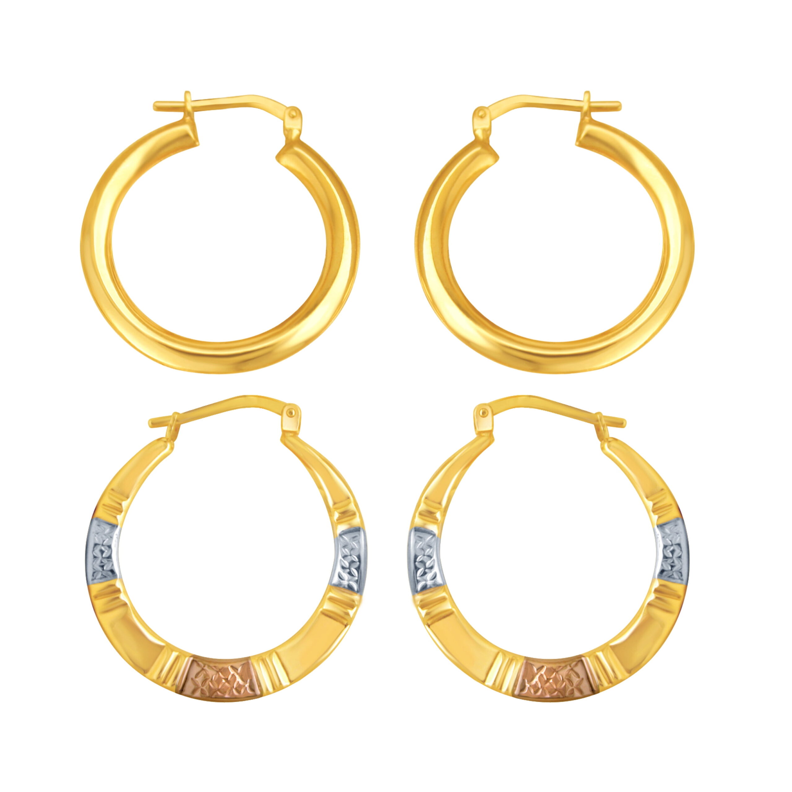Brilliance Fine Jewelry Women's 14K Gold Plated Sterling Silver Yellow and Tri Color Round Hoop Earrings Set