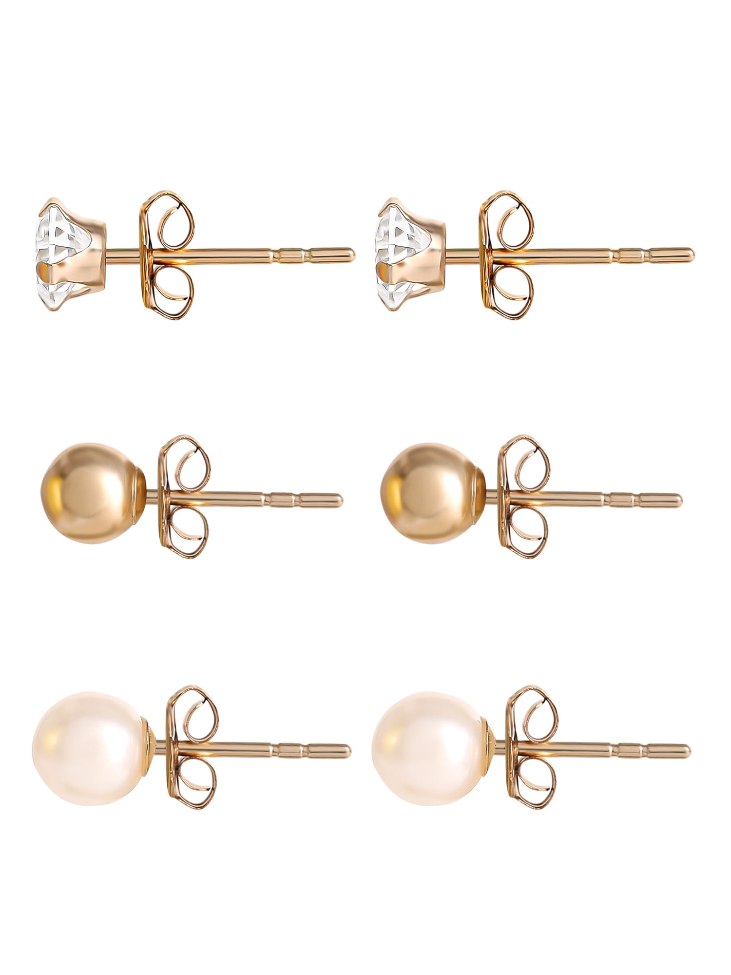 Brilliance Fine Jewelry Women's Pearl Stud Earrings, 3 Pairs, 14K Yellow Gold - Image 3
