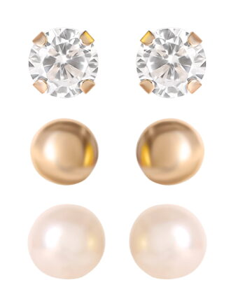 Brilliance Fine Jewelry Women's Pearl Stud Earrings, 3 Pairs, 14K Yellow Gold