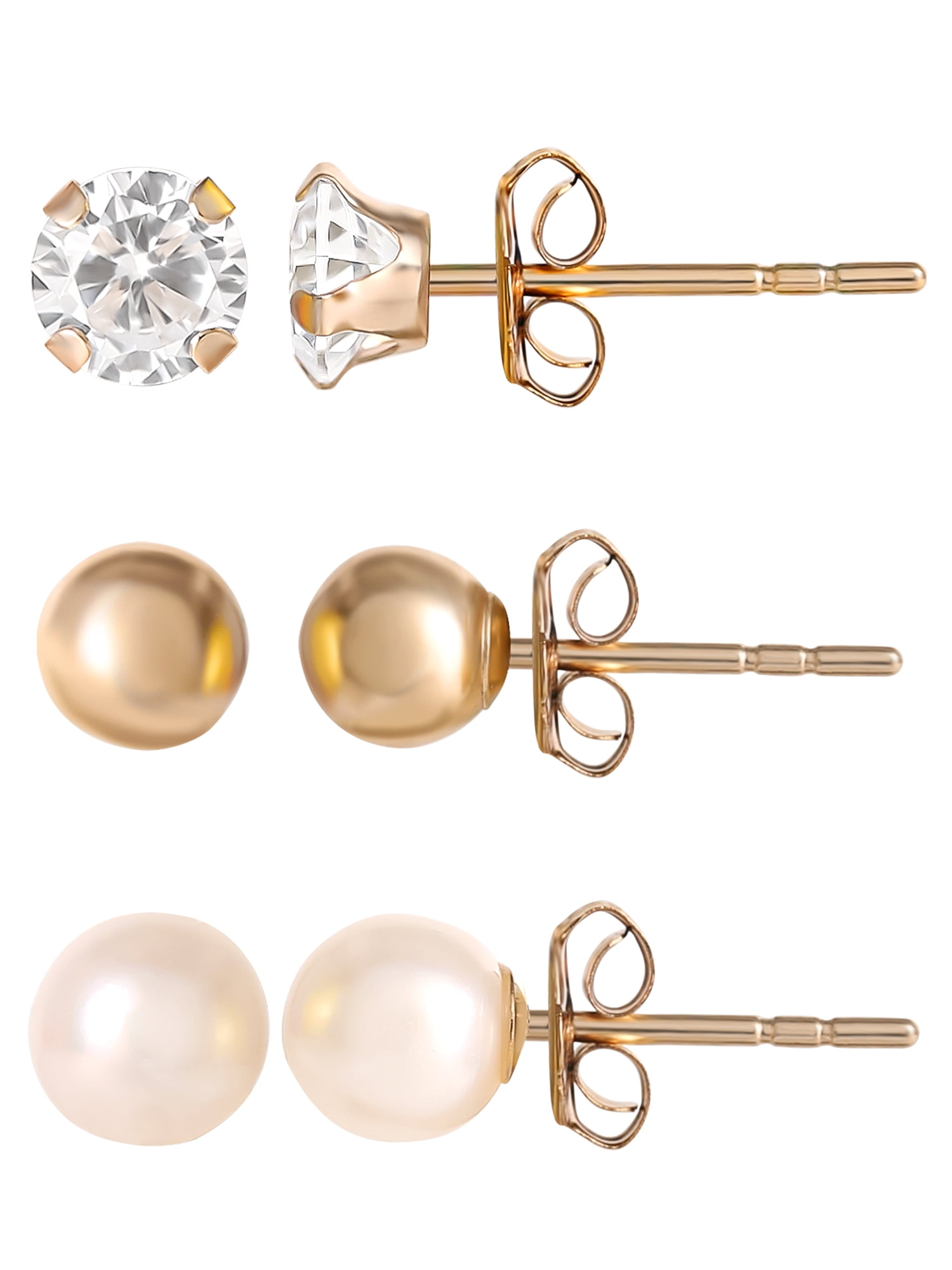 Brilliance Fine Jewelry Women's Pearl Stud Earrings, 3 Pairs, 14K Yellow Gold - Image 2