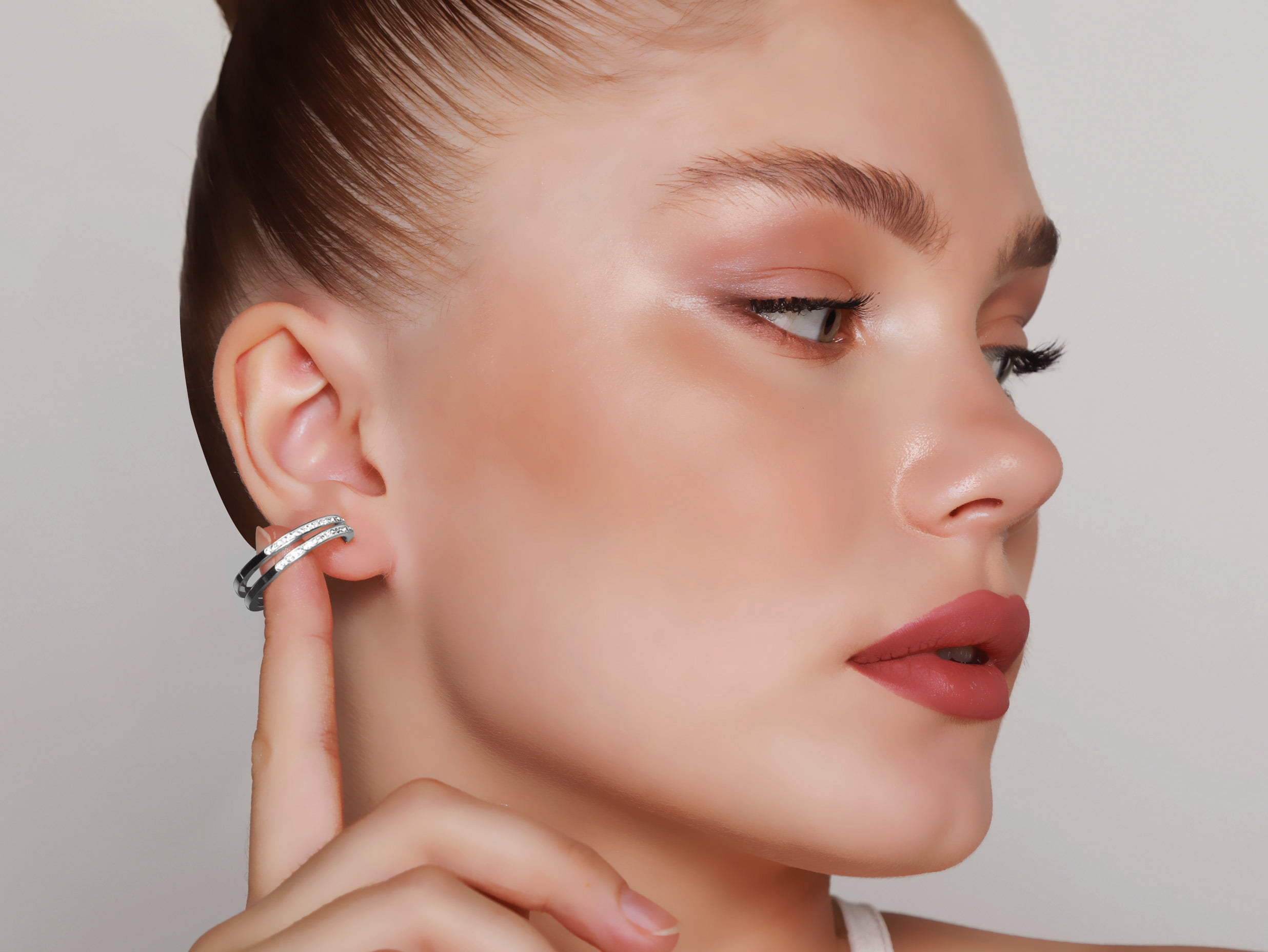 Brilliance Fine Jewelry Women's Rhodium Plated Sterling Silver Classic 2 Row Crystal Round Hoop Adults Earring - Image 4