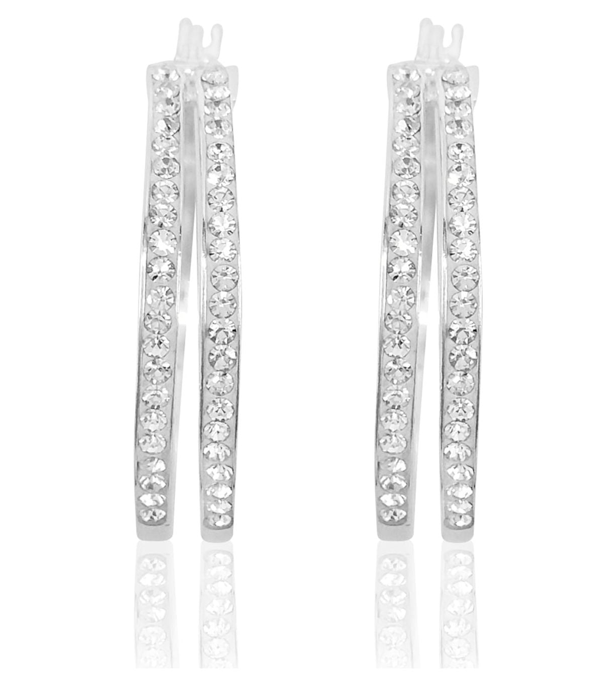 Brilliance Fine Jewelry Women's Rhodium Plated Sterling Silver Classic 2 Row Crystal Round Hoop Adults Earring - Image 2