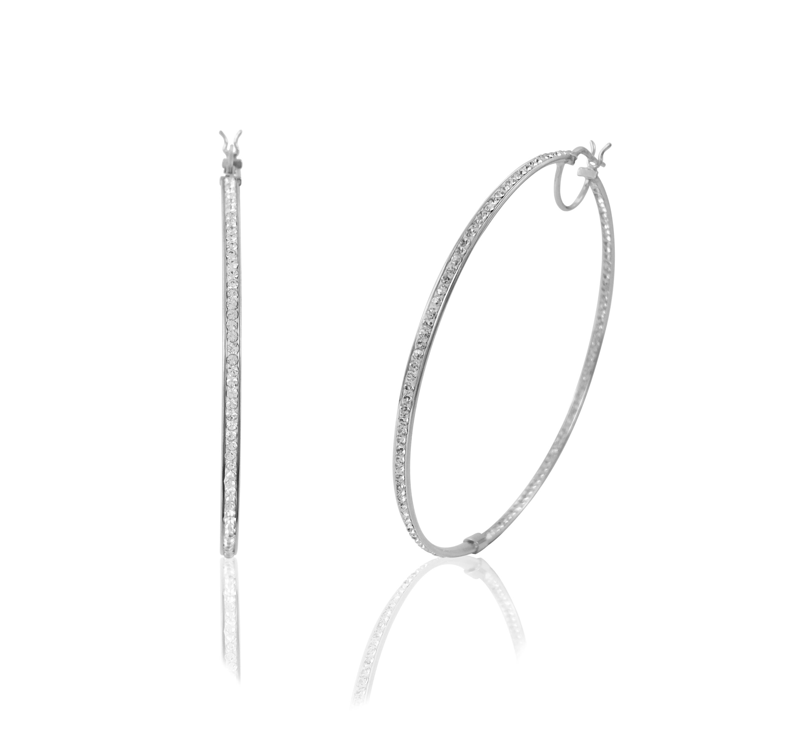 Brilliance Fine Jewelry Women's Rhodium Plated Sterling Silver In-Out Crystal Round Hoop Adults Earring - Image 2
