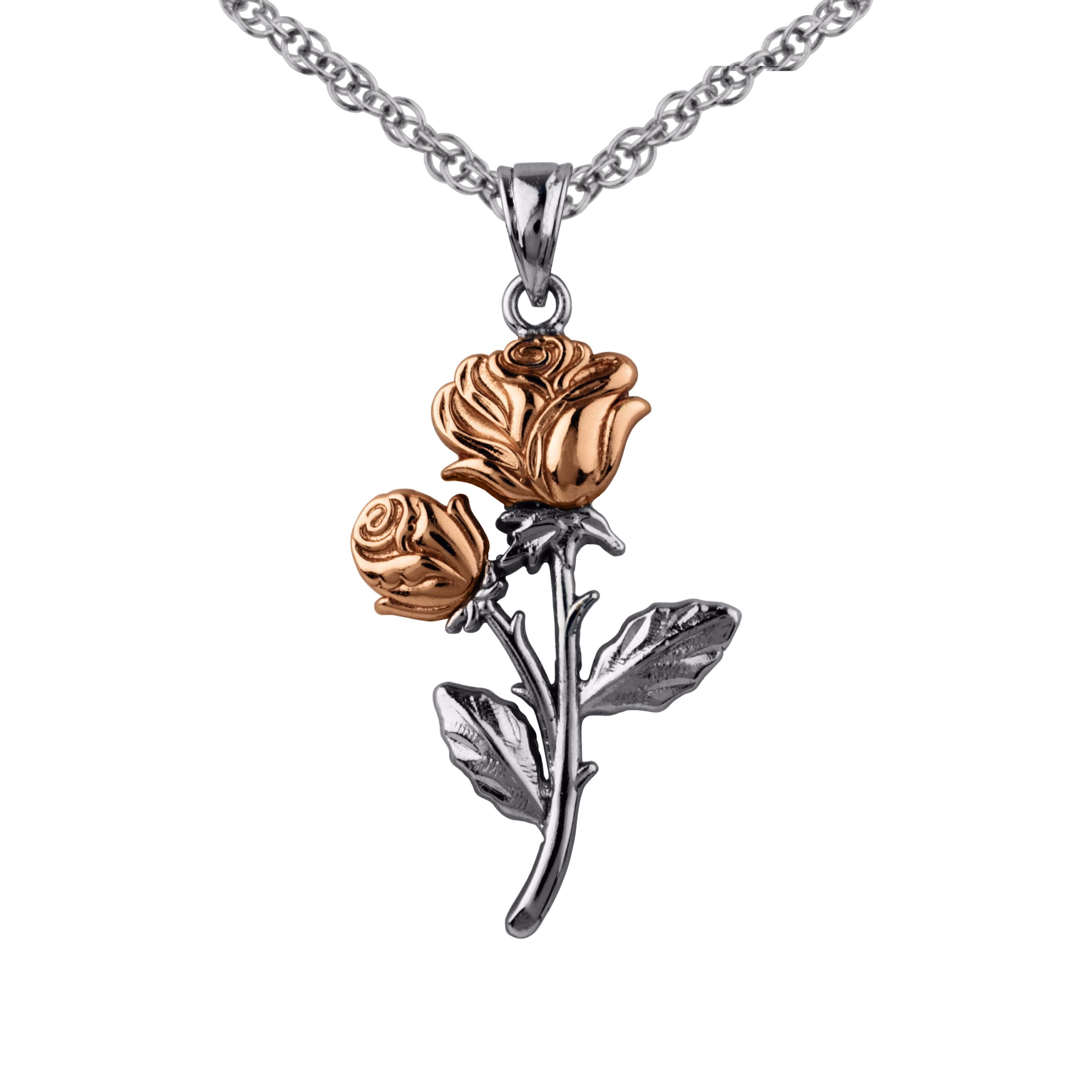 Brilliance Fine Jewelry Women's Rose Pendant in Two Tone Sterling Silver with 14KT Gold Plate