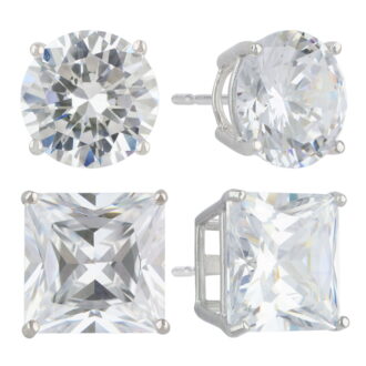 Brilliance Fine Jewelry Women's Simulated Diamond Duo Round and Square Earring Set in Sterling Silver