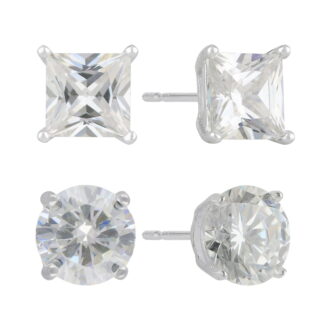 Brilliance Fine Jewelry Women's Simulated Diamond Duo Round/Square Earring Set in Sterling Silver