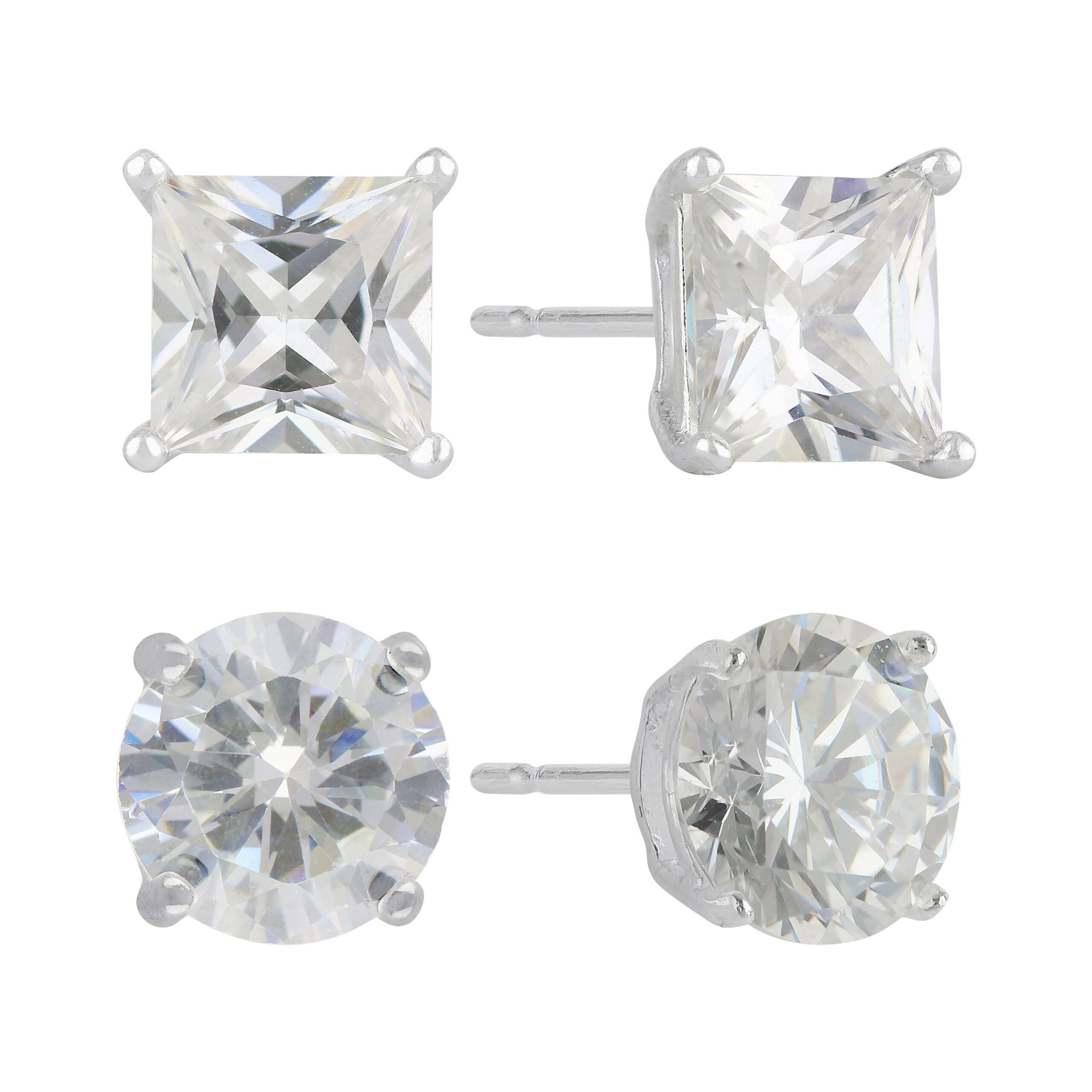 Brilliance Fine Jewelry Women's Simulated Diamond Duo Round/Square Earring Set in Sterling Silver
