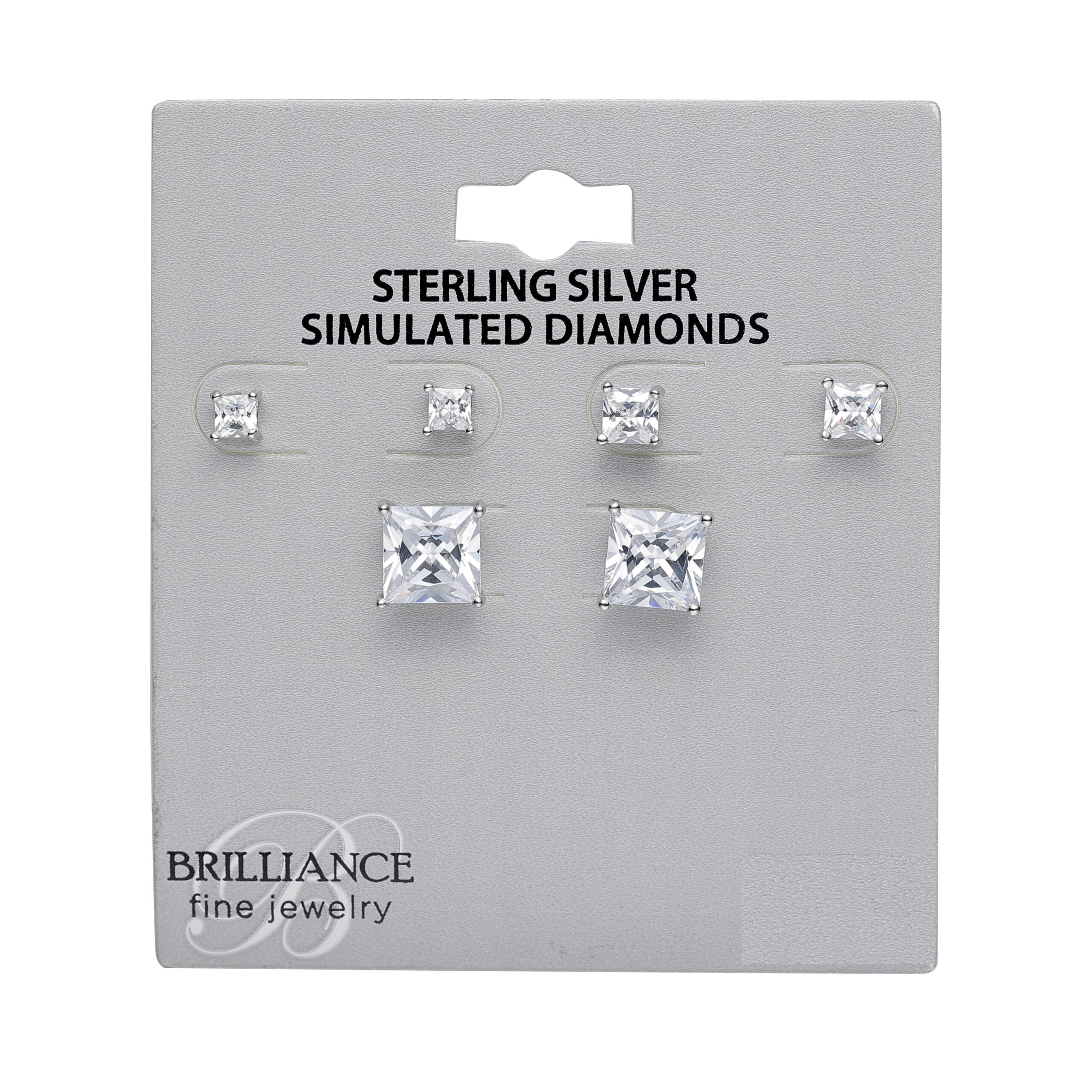 Brilliance Fine Jewelry Women's Simulated Diamond Trio Square Earring Set in Sterling Silver - Image 2
