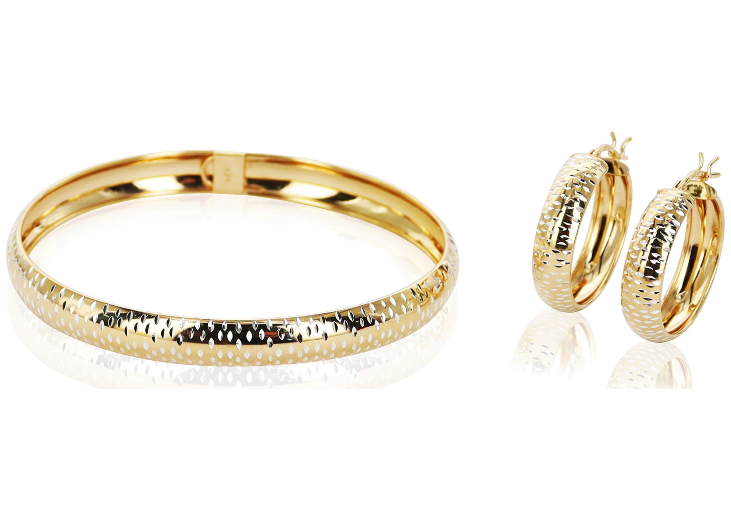 Brilliance Fine Jewelry Women's Sterling Silver 14K Gold Plated Diamond Cut Flex Bangle Earring Set for Adults - Image 2