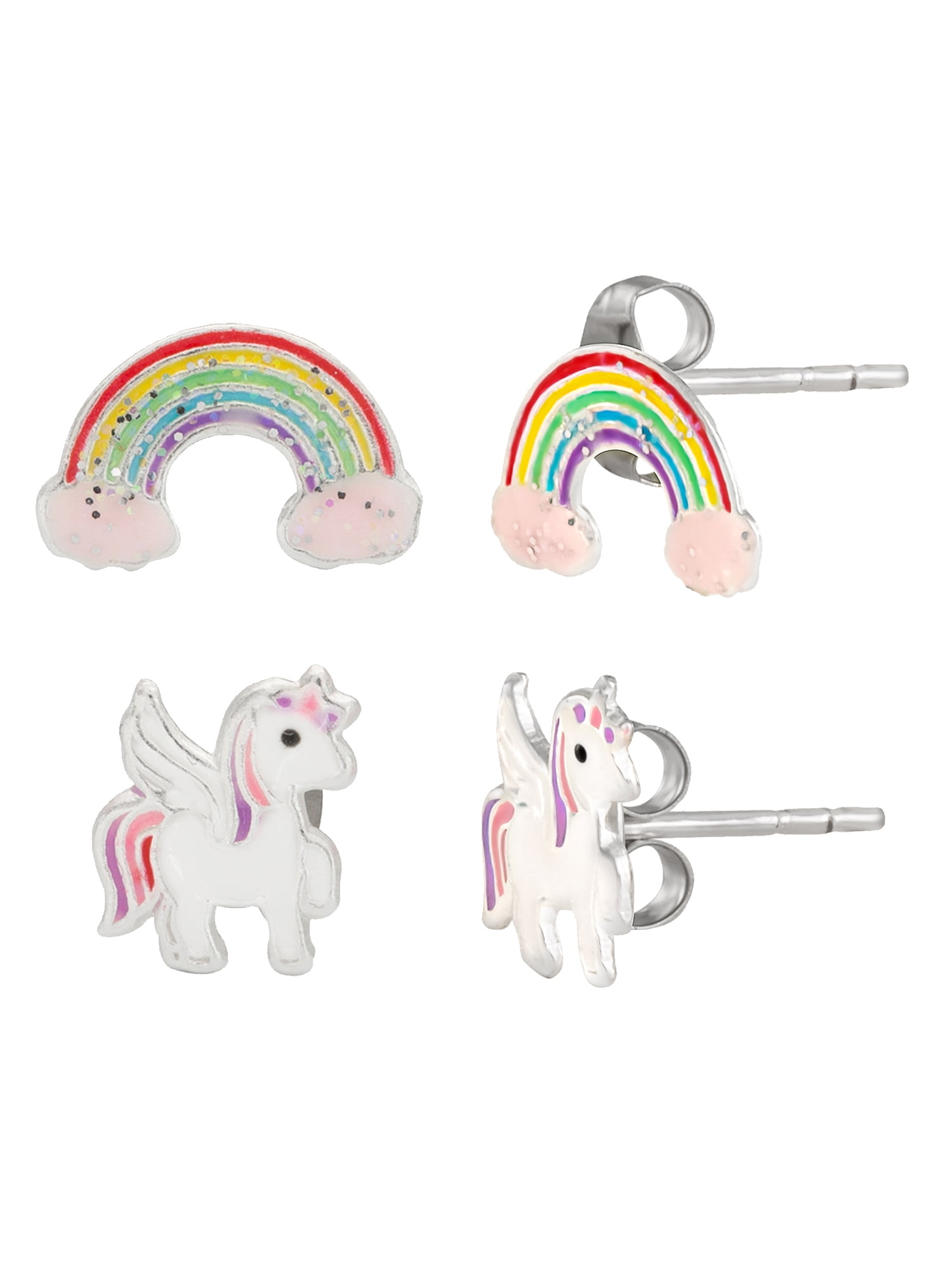 Brilliance Women's Fine Jewelry Girl’s Sterling Silver Rainbow and Unicorn Stud Earring Set