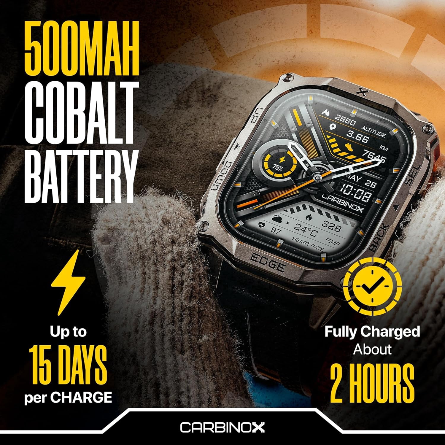 Carbinox Edge Smart Watch Rugged, 1.96″ AMOLED, Stainless Steel, IP69K/5ATM Fitness trackers, Dual-Band GNSS, 500mAh, Bluetooth Calls, Smart Watch for Android Phones iOS (Black) - Image 4